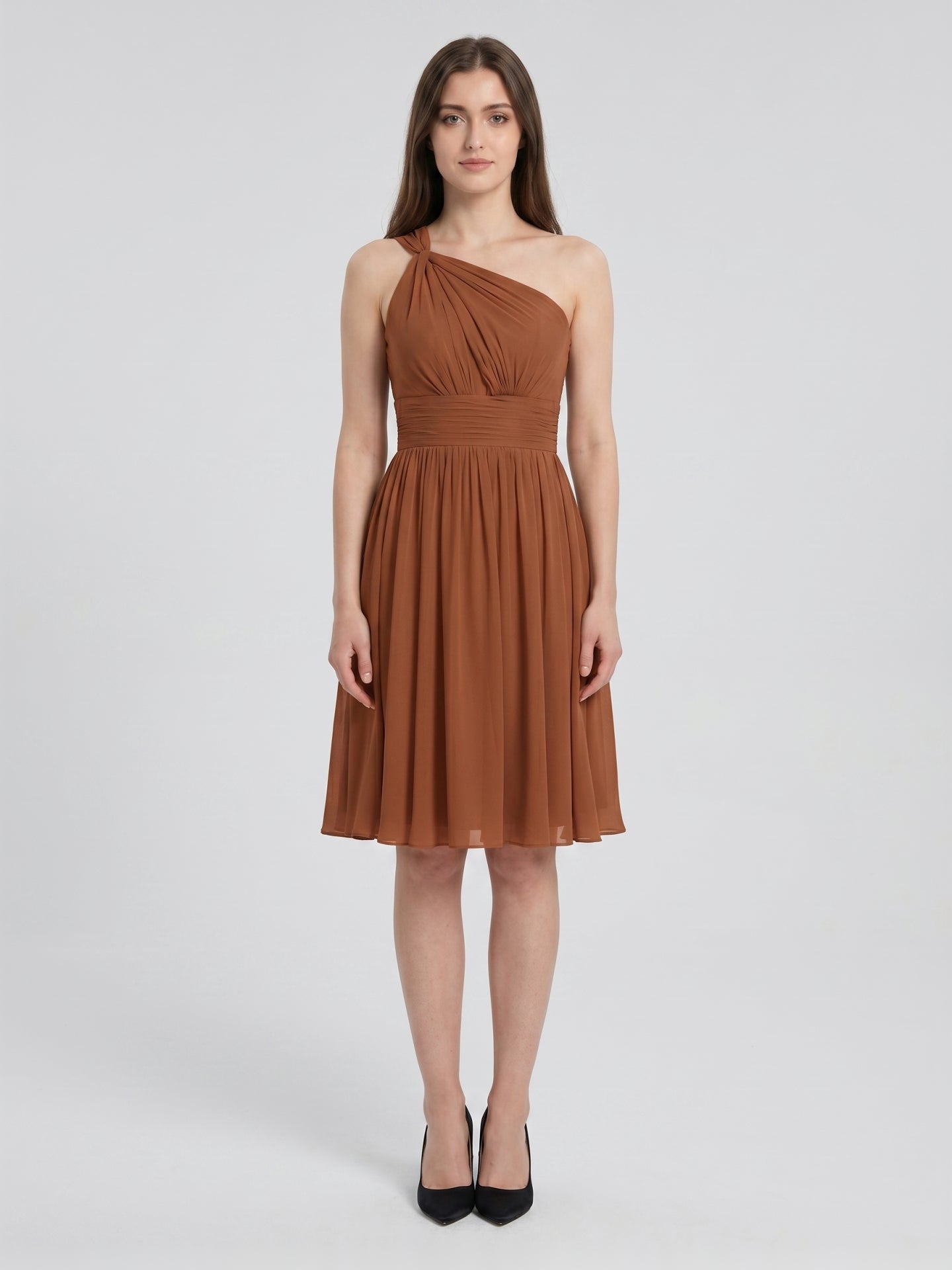 Terracotta Chiffon A-Line One Shoulder Backless Knee-Length Pleated Bridesmaid Dress
