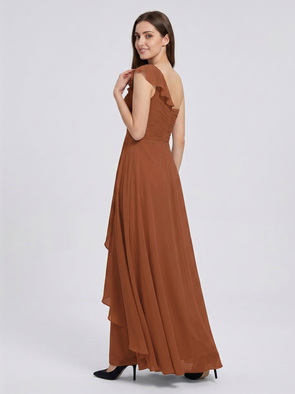 Terracotta Chiffon A-Line One Shoulder Backless Floor-Length Ruffle Bridesmaid Dress