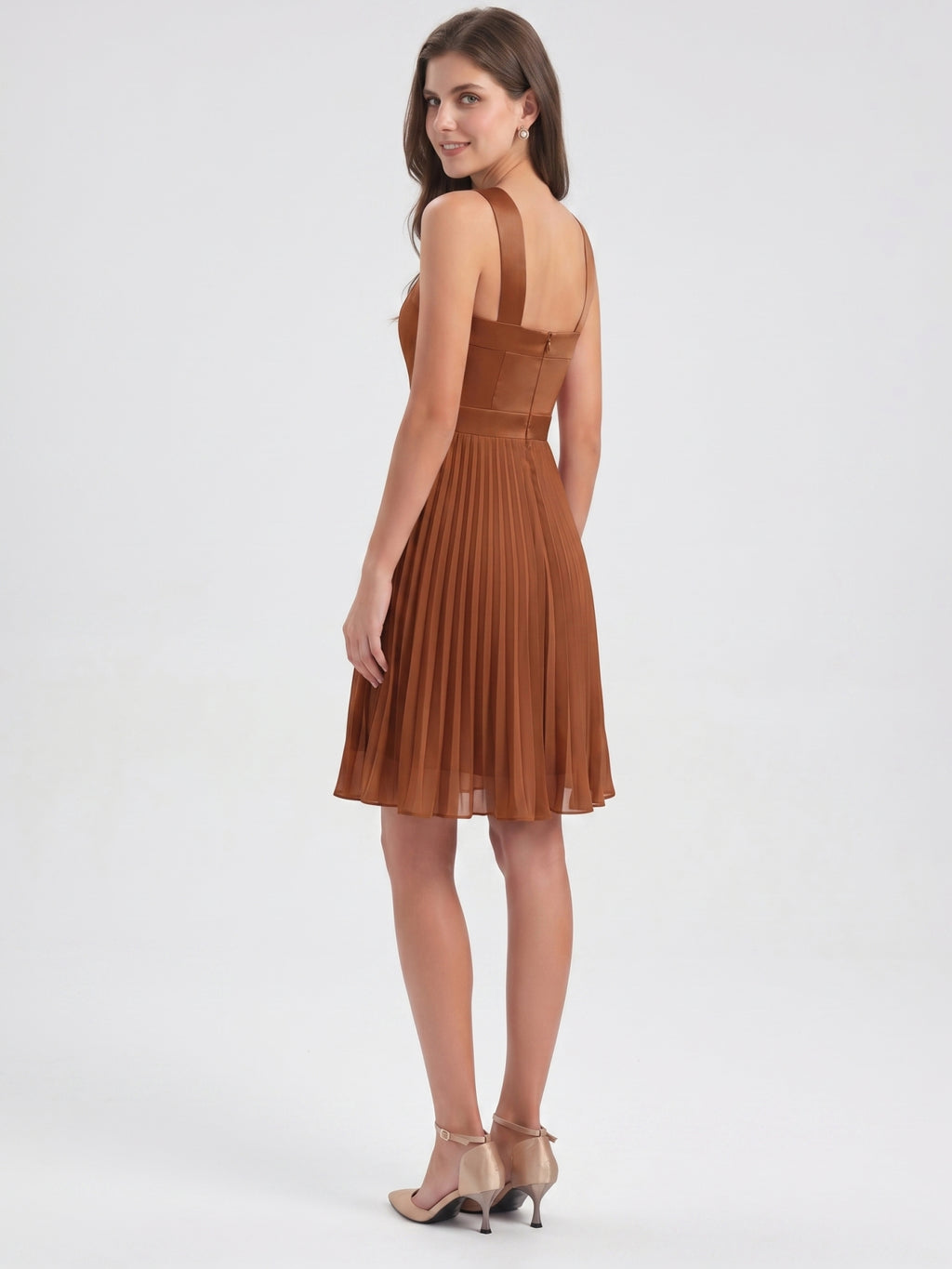 Terracotta Chiffon A-Line Halter Back Zip Knee-Length Pleated Bridesmaid Dress