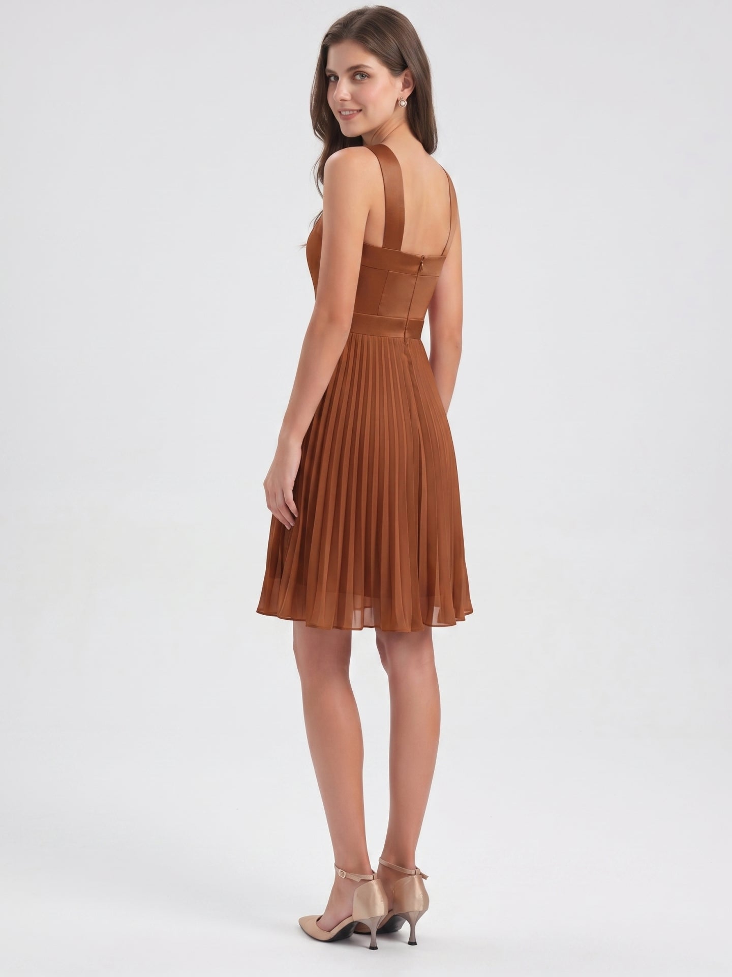 Terracotta Chiffon A-Line Halter Back Zip Knee-Length Pleated Bridesmaid Dress