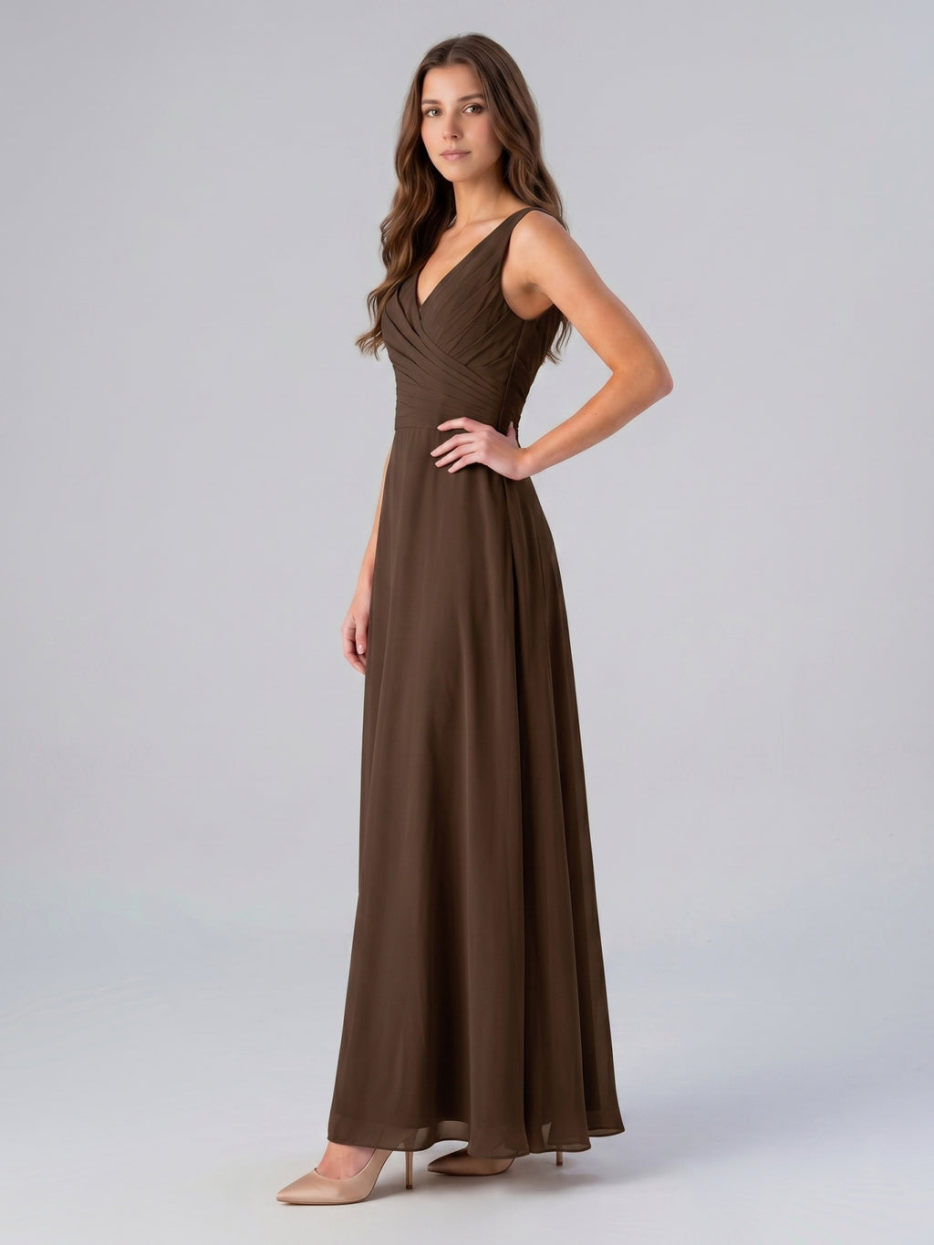 Mocha Chiffon A-Line V-Neck V-Back Floor-Length Bridesmaid Dress with Pockets