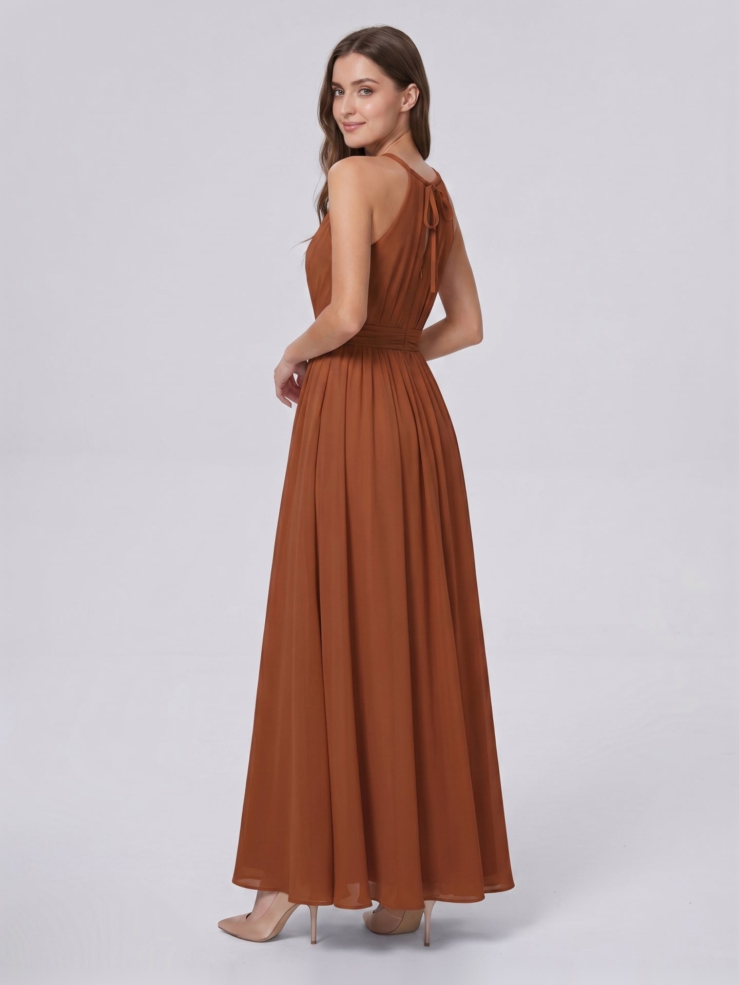 Terracotta Chiffon A-Line Halter Bow Back Floor-Length Bridesmaid Dress with Bow