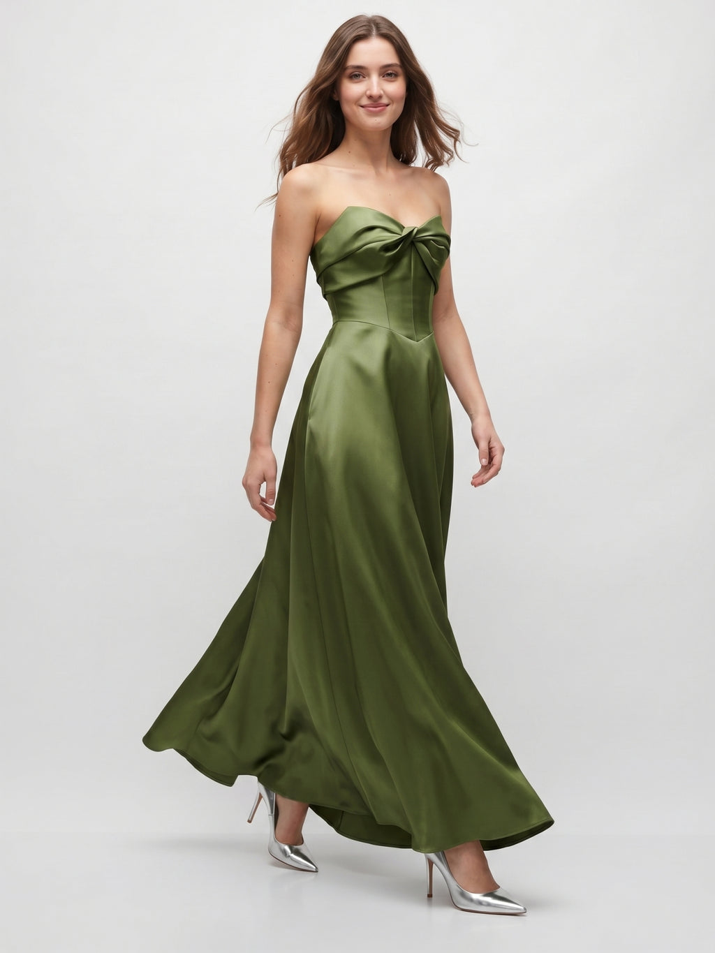 Olive Green Satin A-Line Off-the-Shoulder Back Zip Floor-Length Bridesmaid Dress with Pockets