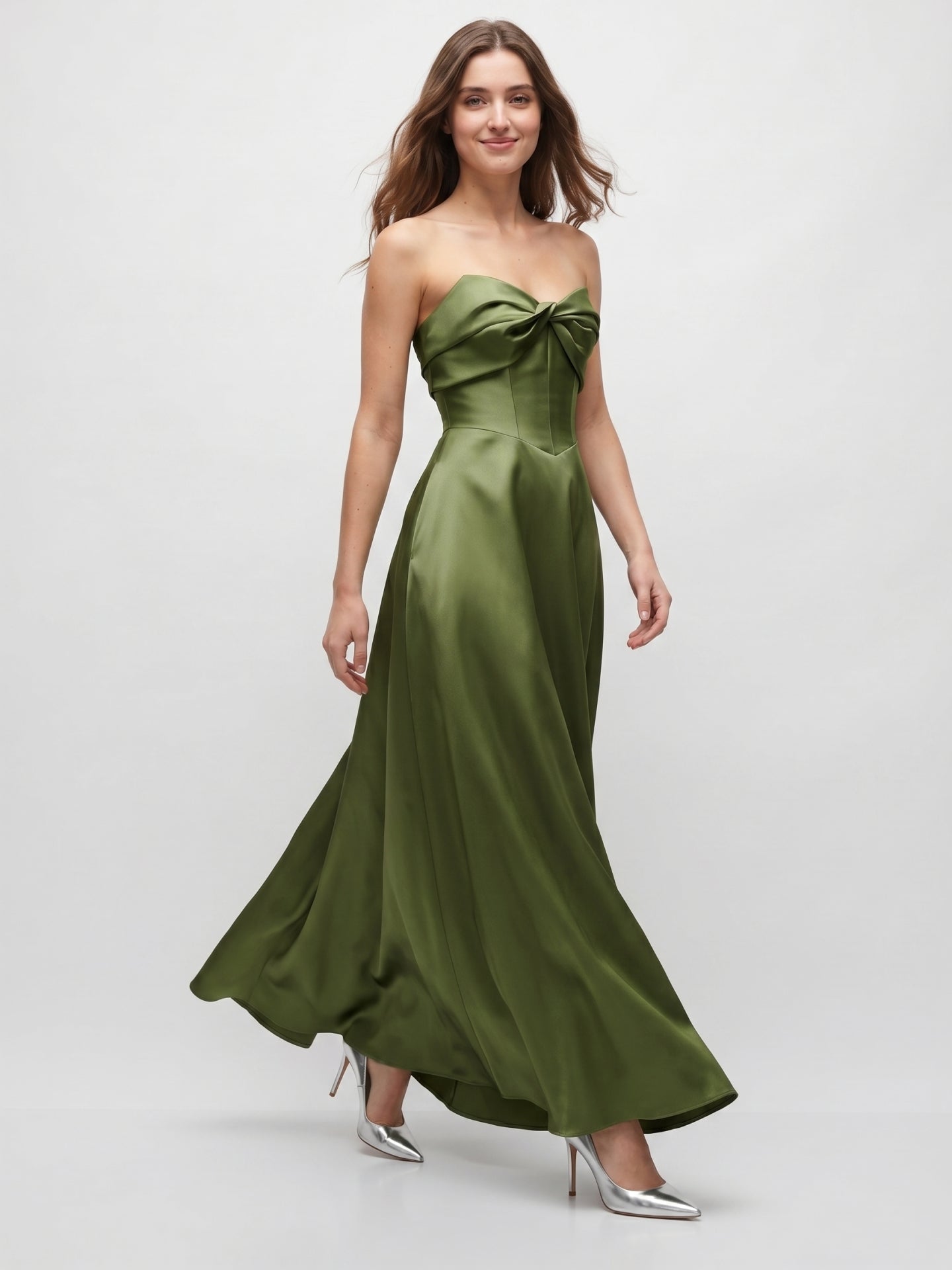 Olive Green Satin A-Line Off-the-Shoulder Back Zip Floor-Length Bridesmaid Dress with Pockets
