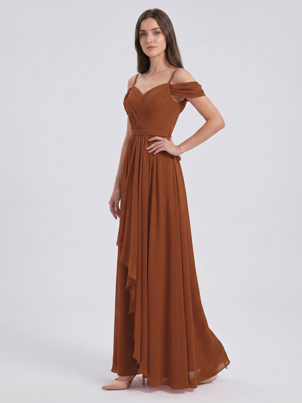 Terracotta Chiffon A-Line Off-the-Shoulder Backless Floor-Length Pleated Bridesmaid Dress