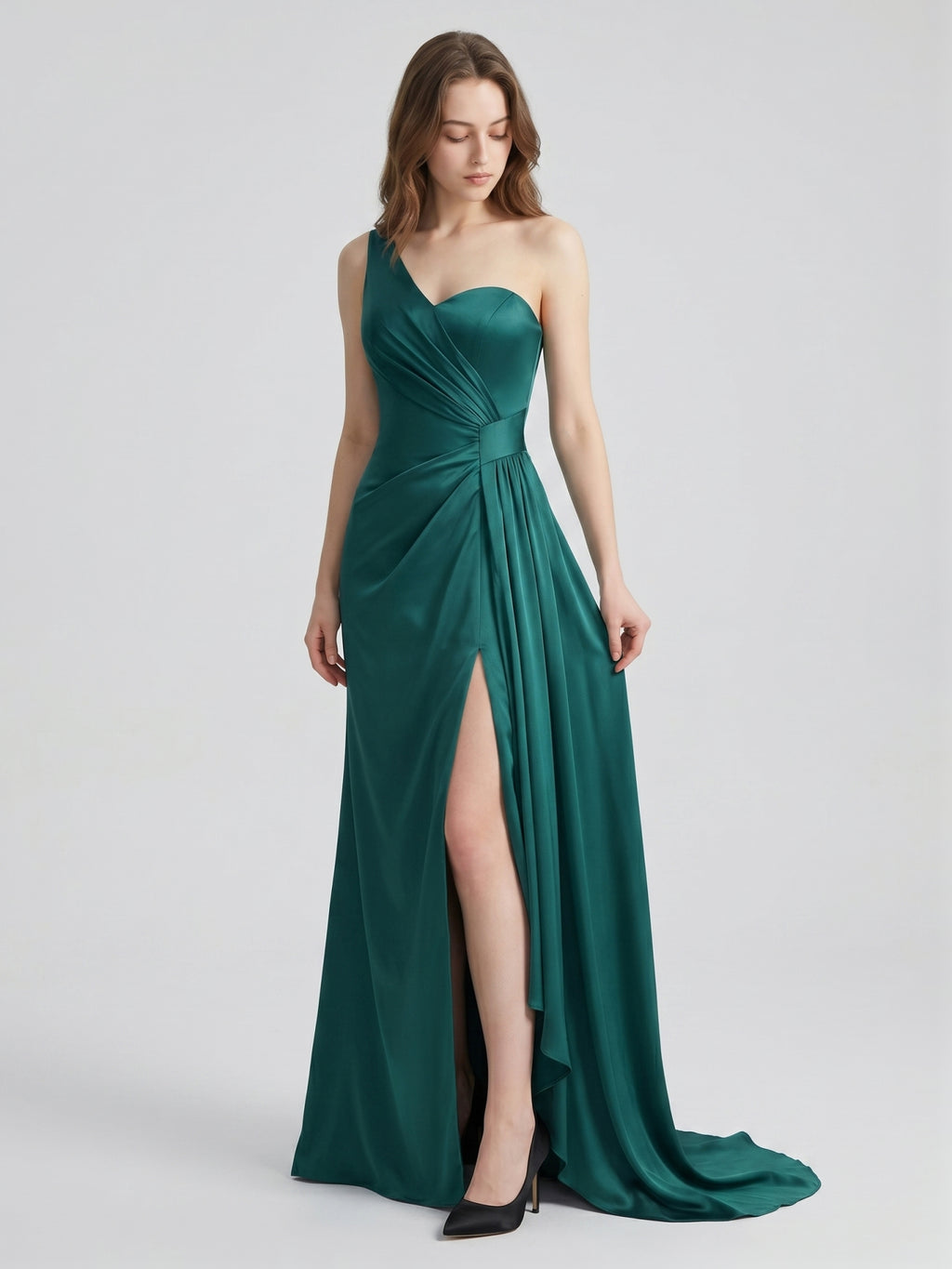 Peacock Satin Sheath One Shoulder Backless Floor-Length Pleated Bridesmaid Dress
