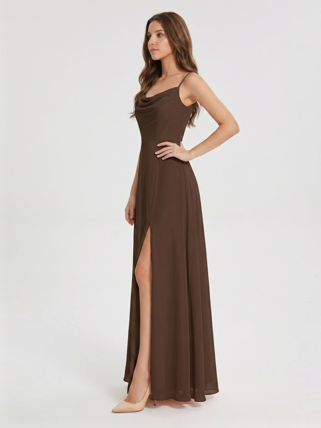 Mocha Chiffon Sheath Cowl Neck Backless Ankle-Length Bridesmaid Dress