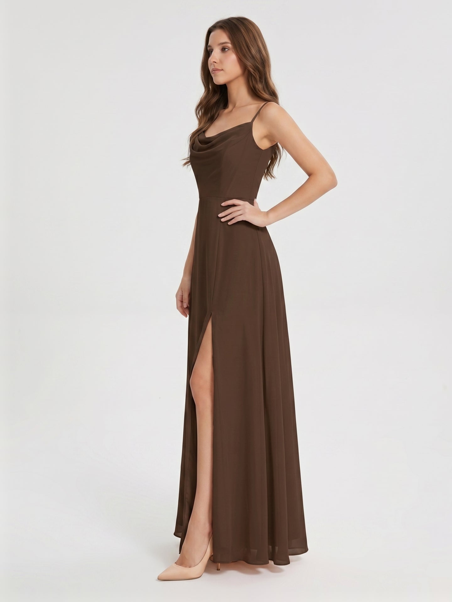 Mocha Chiffon Sheath Cowl Neck Backless Ankle-Length Bridesmaid Dress
