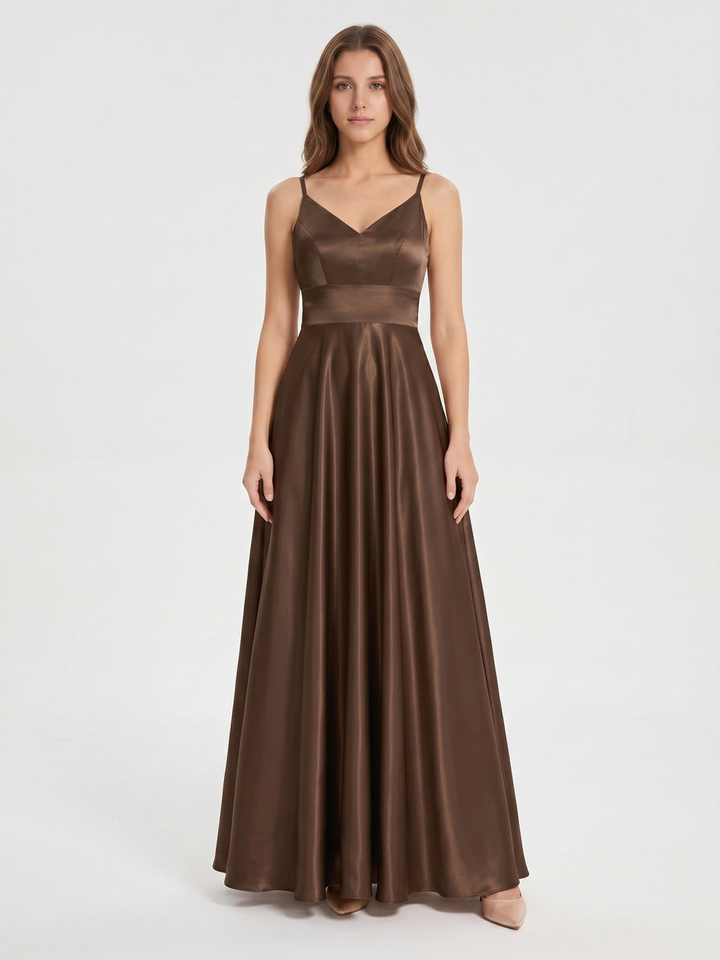 Mocha Satin A-Line V-Neck Criss-Cross Back Floor-Length Bridesmaid Dress