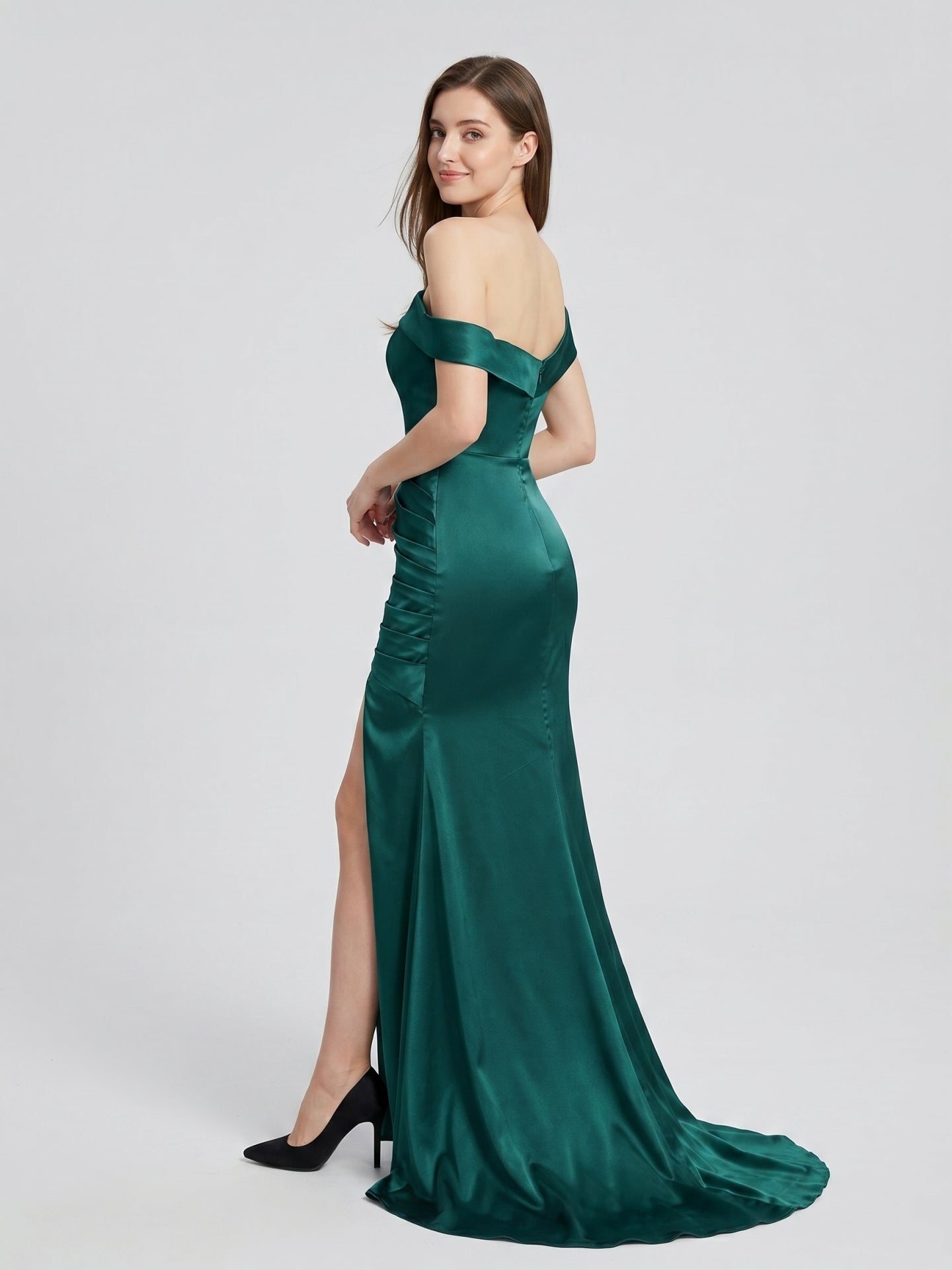 Peacock Satin Sheath Off-the-Shoulder Backless Floor-Length Pleated Bridesmaid  Dress