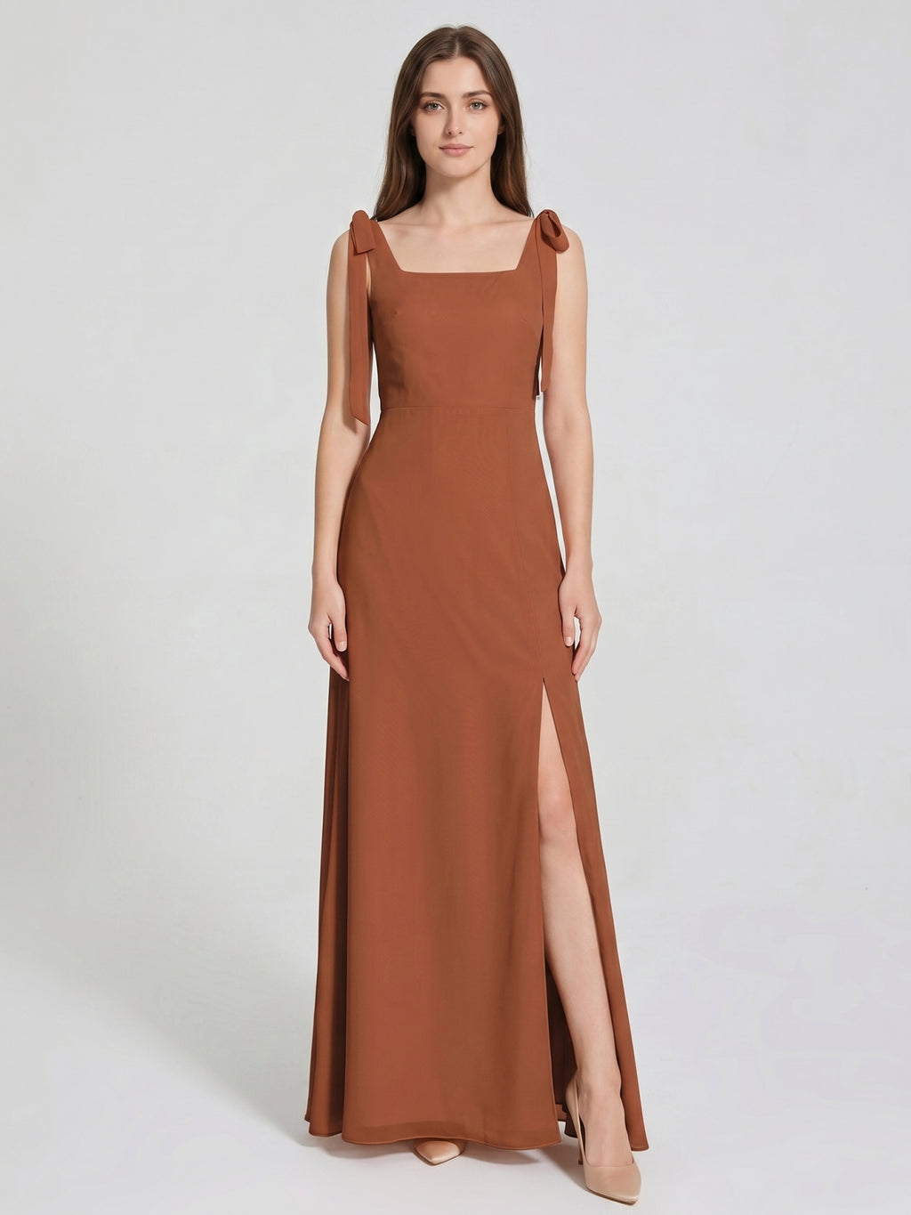 Terracotta Chiffon A-Line Square Neck Backless Floor-Length Bridesmaid Dress with Bow