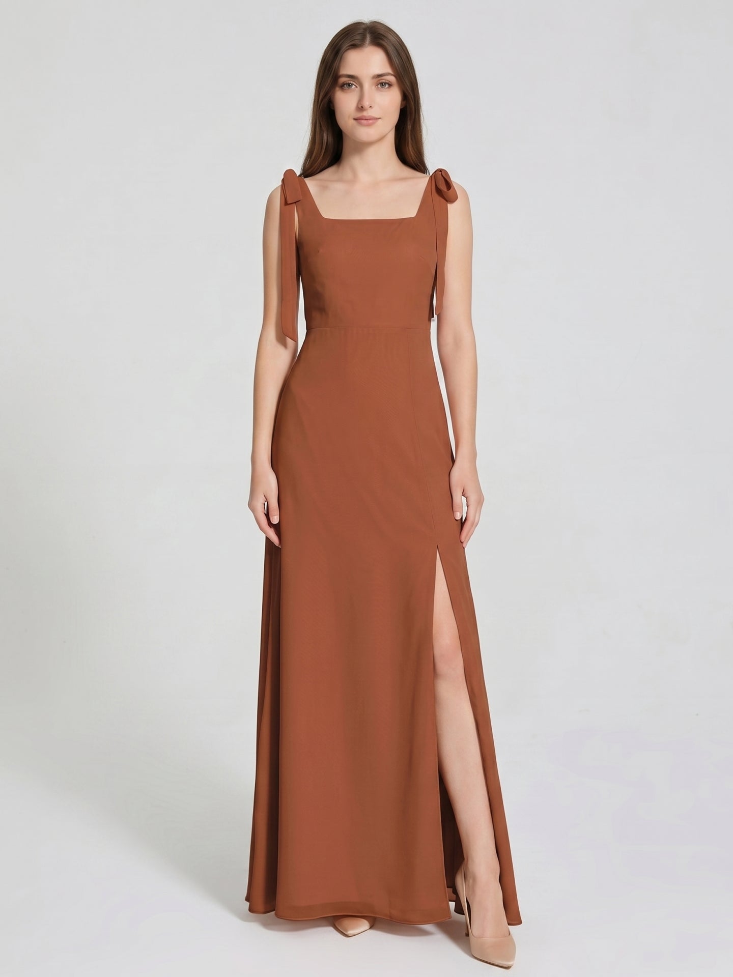 Terracotta Chiffon A-Line Square Neck Backless Floor-Length Bridesmaid Dress with Bow