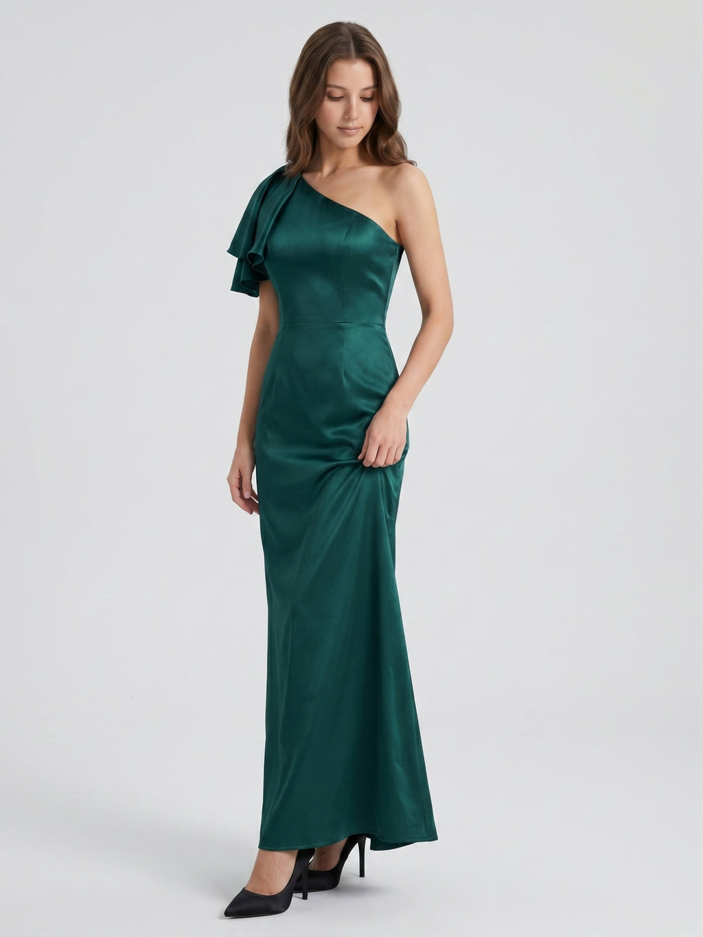 Peacock Satin Sheath One Shoulder Back Zip Floor-Length Ruffle Bridesmaid Dress