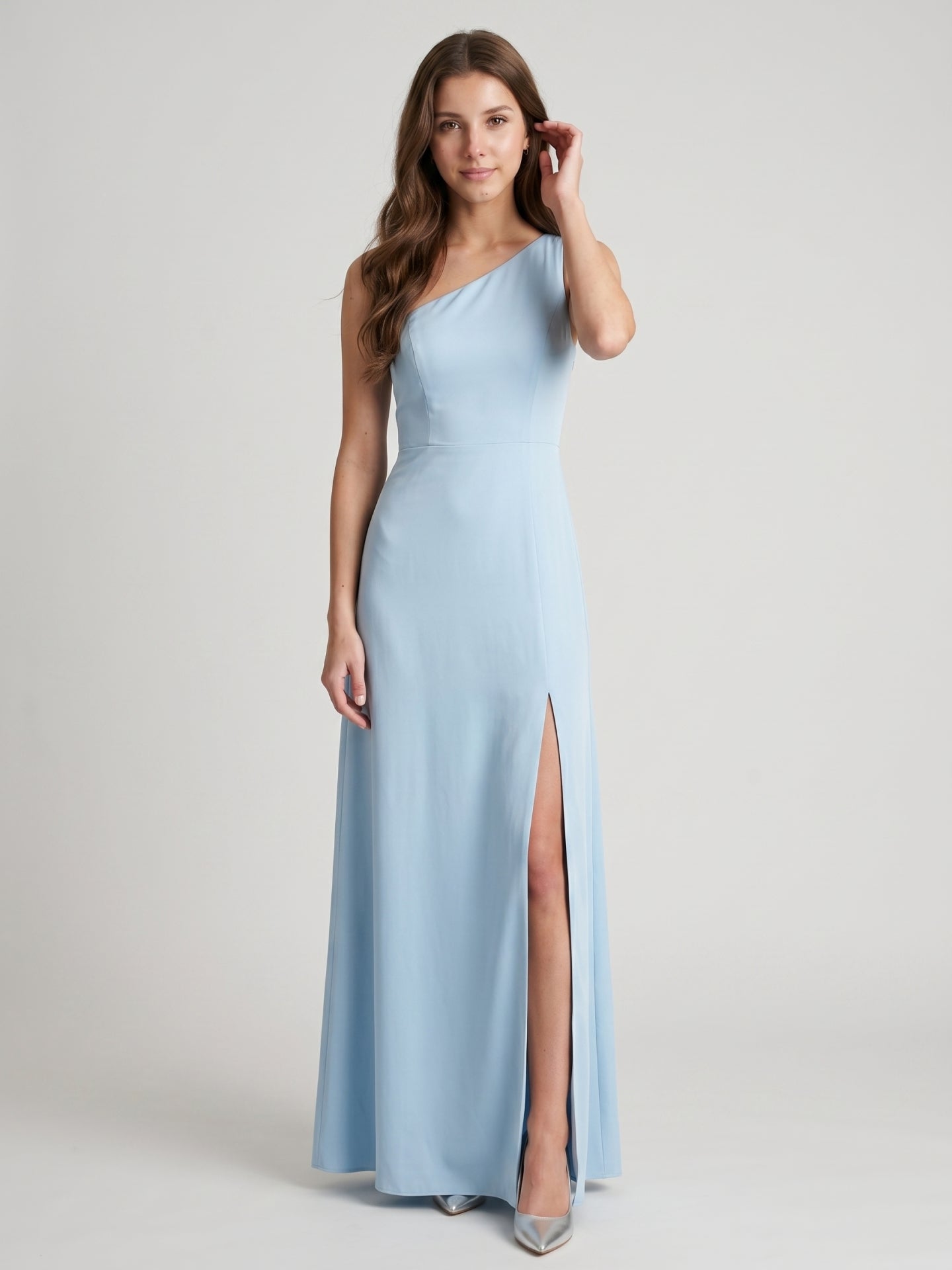 Fluid Sky Blue Matte Satin Trumpet One Shoulder Back Zip Ankle-Length Bridesmaid Dress