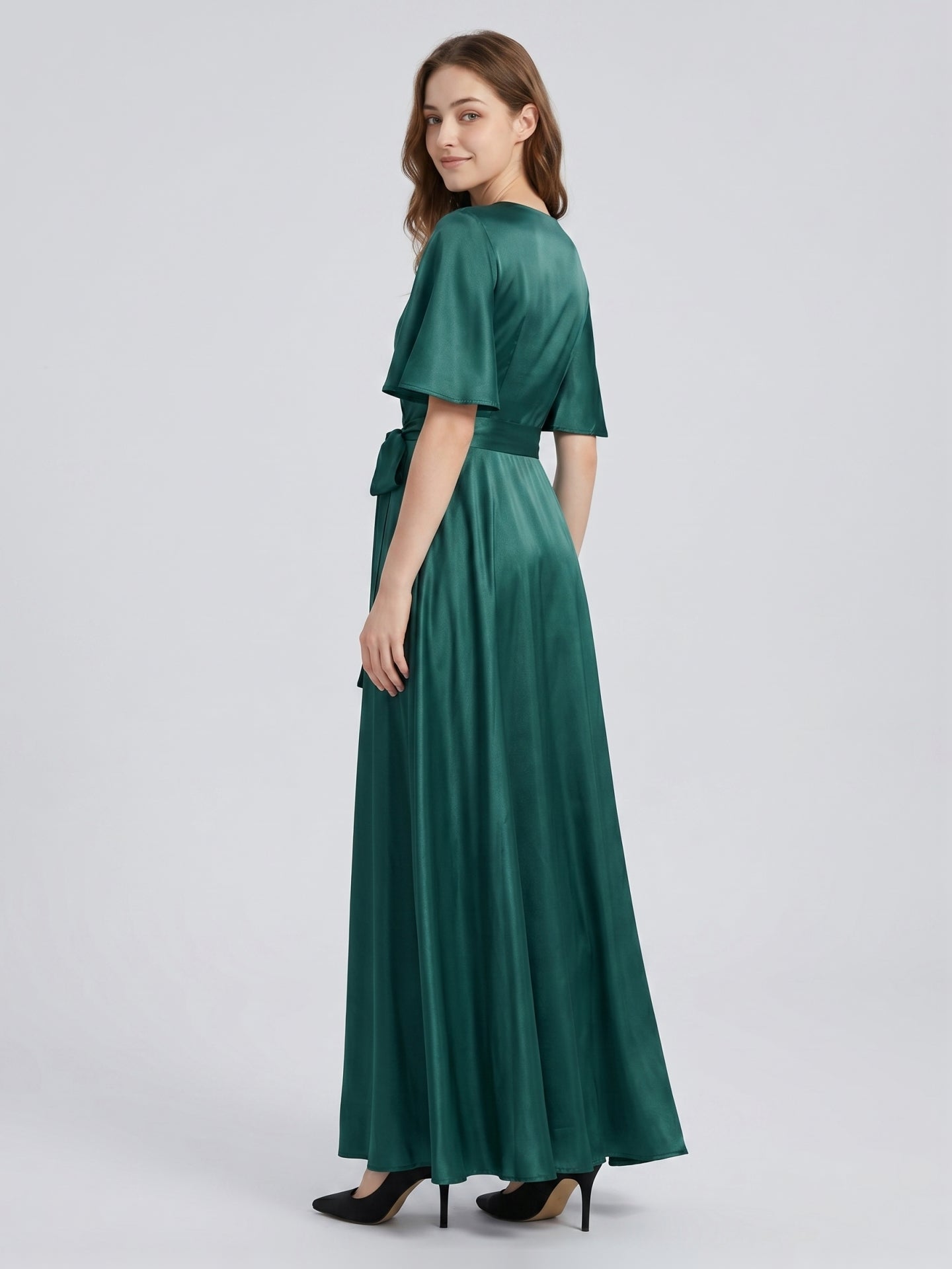 Peacock Satin A-Line V-Neck Side Zip Floor-Length Bridesmaid Dress with Bow