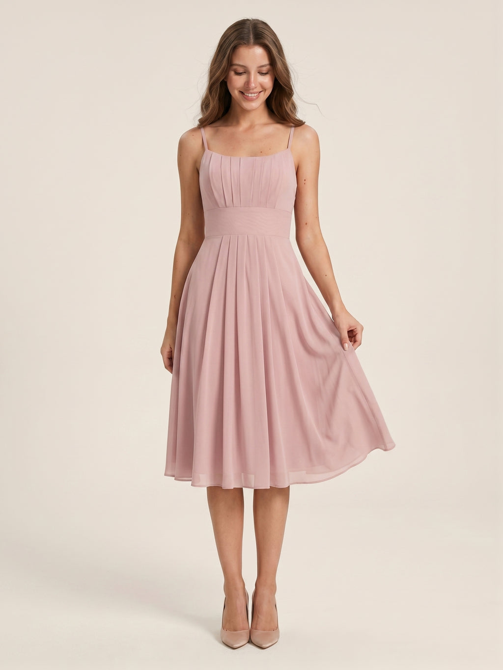 Coquette Dusty Rose Chiffon A-Line Straight Neck Back Zip with nan Knee-Length  Bridesmaid Dress