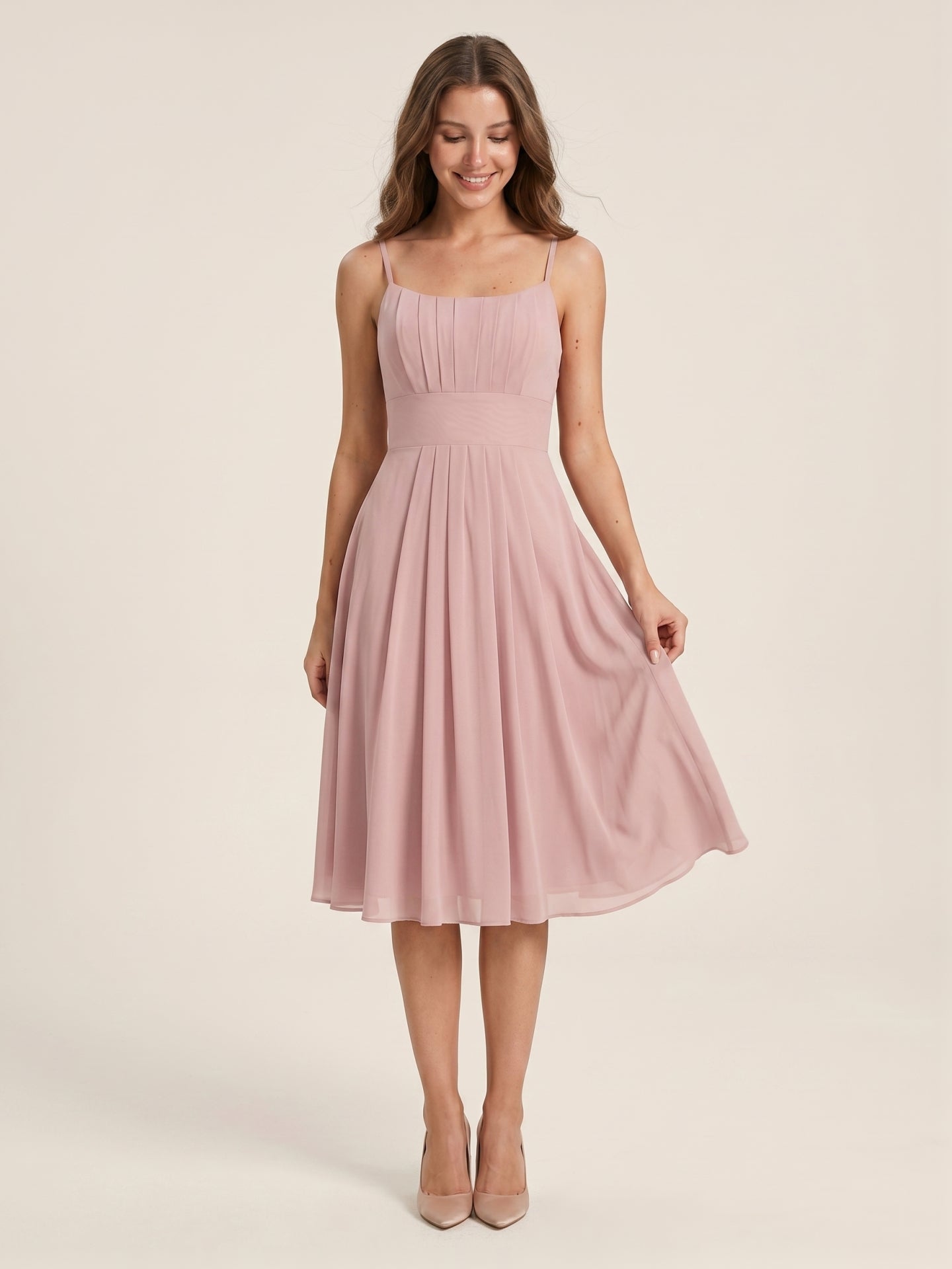 Coquette Dusty Rose Chiffon A-Line Straight Neck Back Zip with nan Knee-Length  Bridesmaid Dress