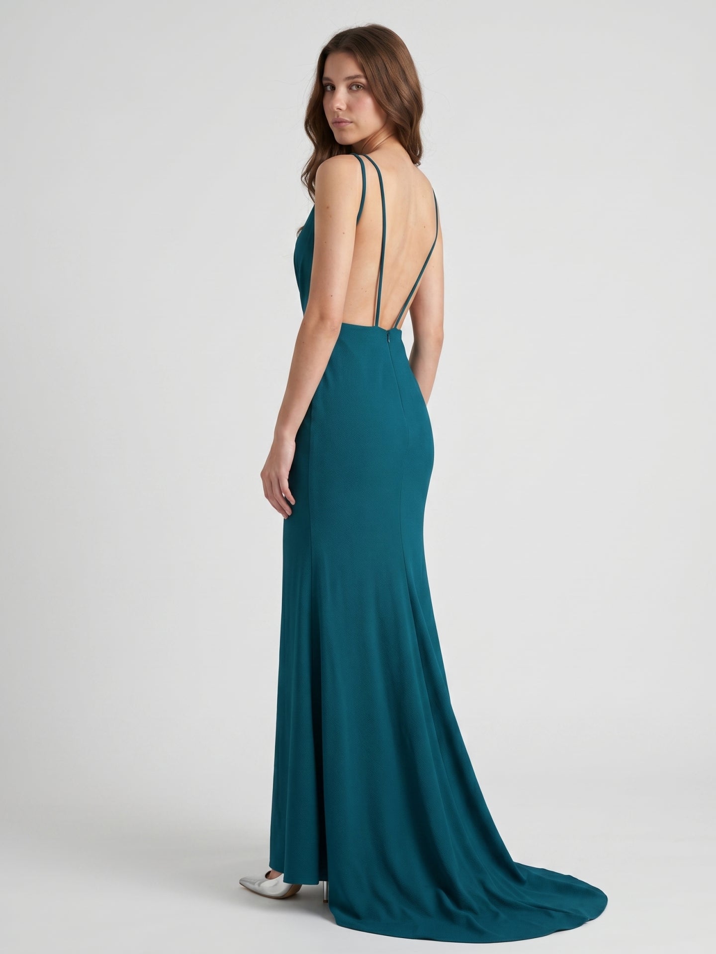 Teal Stretch Knit Mermaid V-Neck Backless Floor-Length Bridesmaid Dress