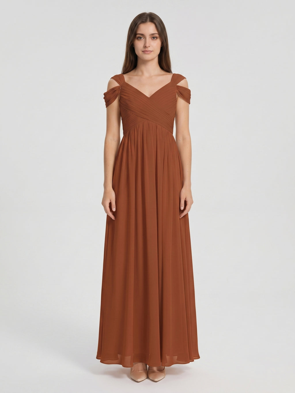 Terracotta Chiffon Empire Off-the-Shoulder V-Back Floor-Length Pleated Bridesmaid Dress