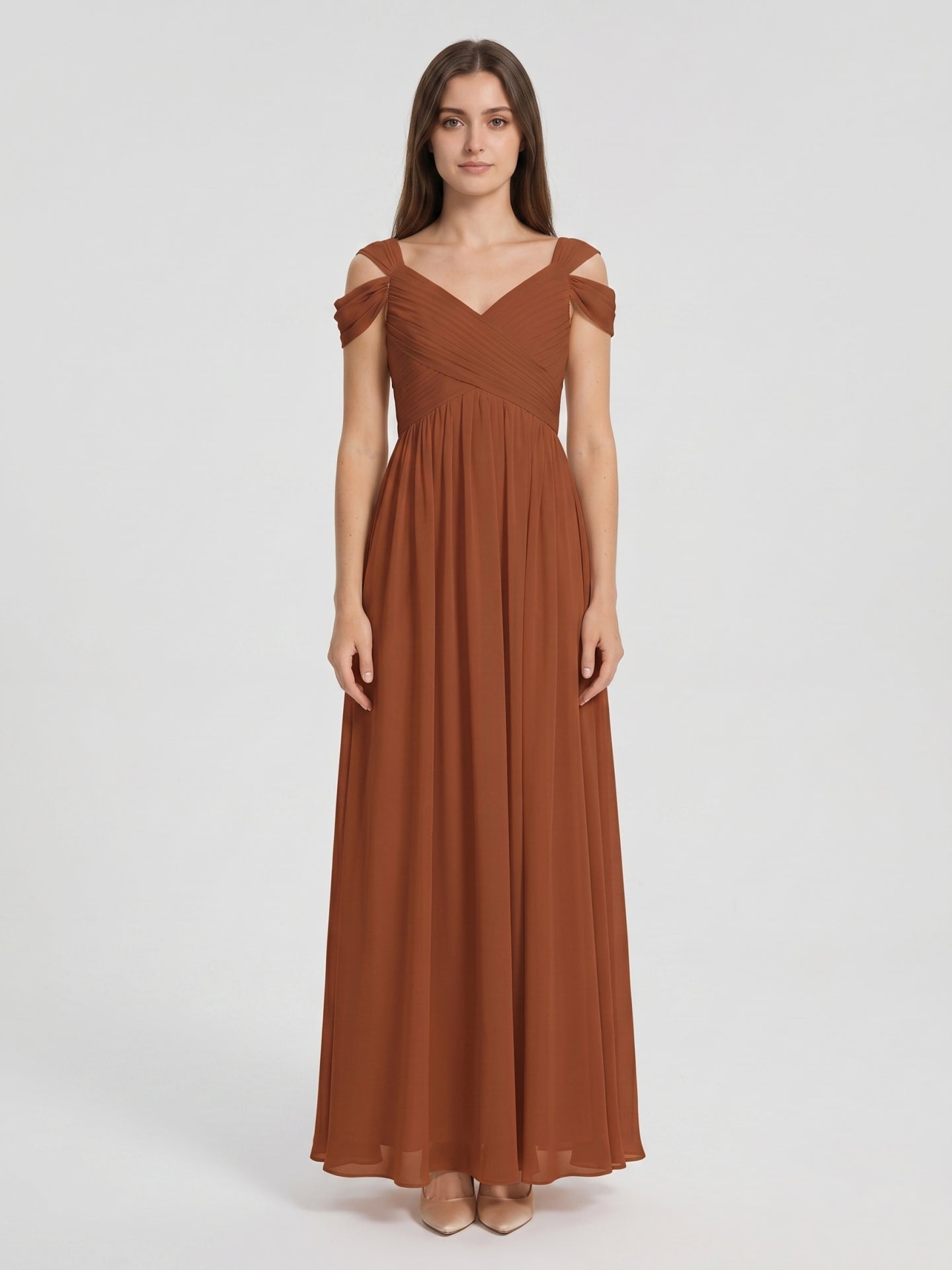 Terracotta Chiffon Empire Off-the-Shoulder V-Back Floor-Length Pleated Bridesmaid Dress