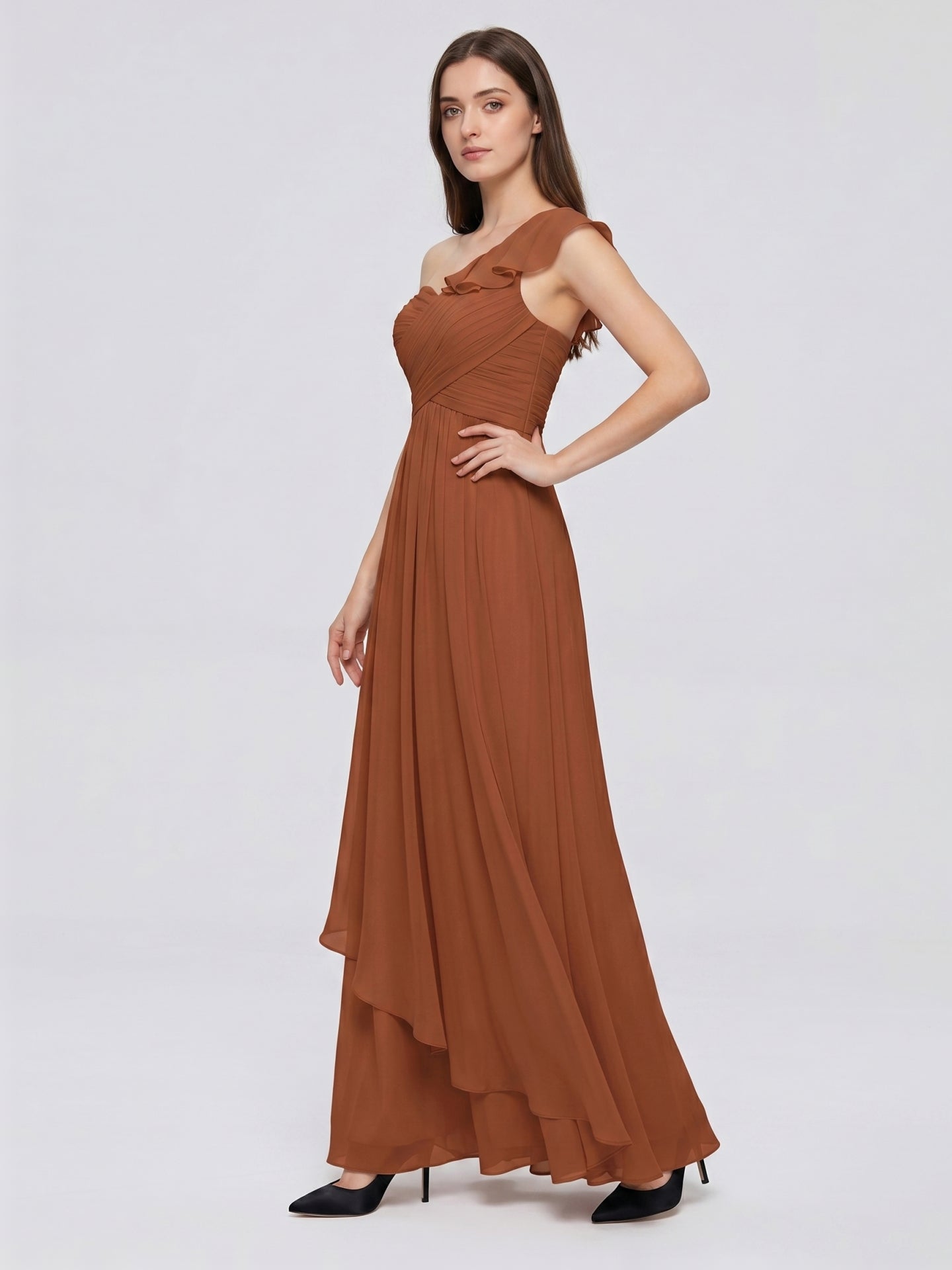 Terracotta Chiffon A-Line One Shoulder Backless Floor-Length Ruffle Bridesmaid Dress