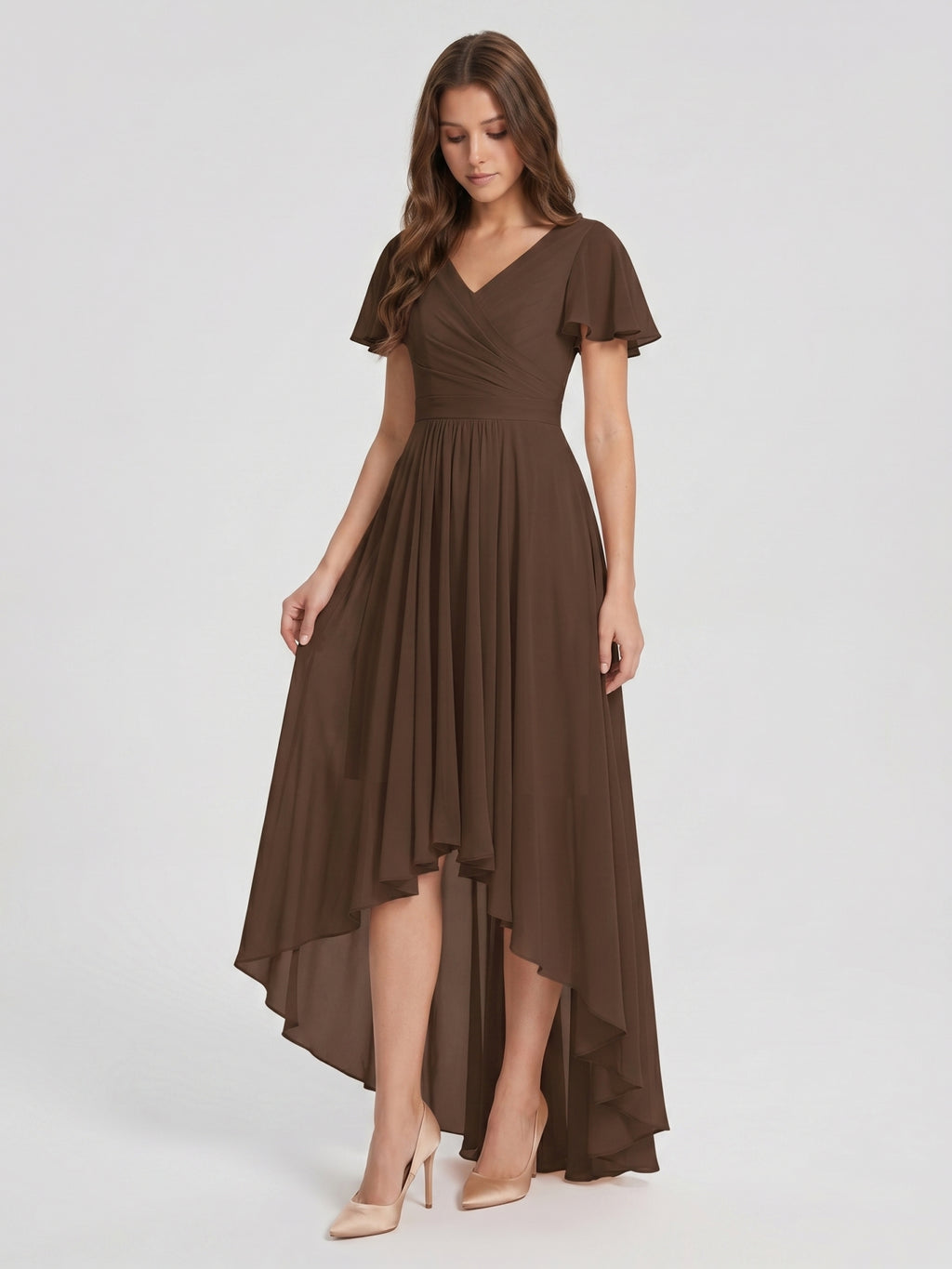 Mocha Chiffon A-Line V-Neck V-Back Asymmetrical Pleated Bridesmaid Dress