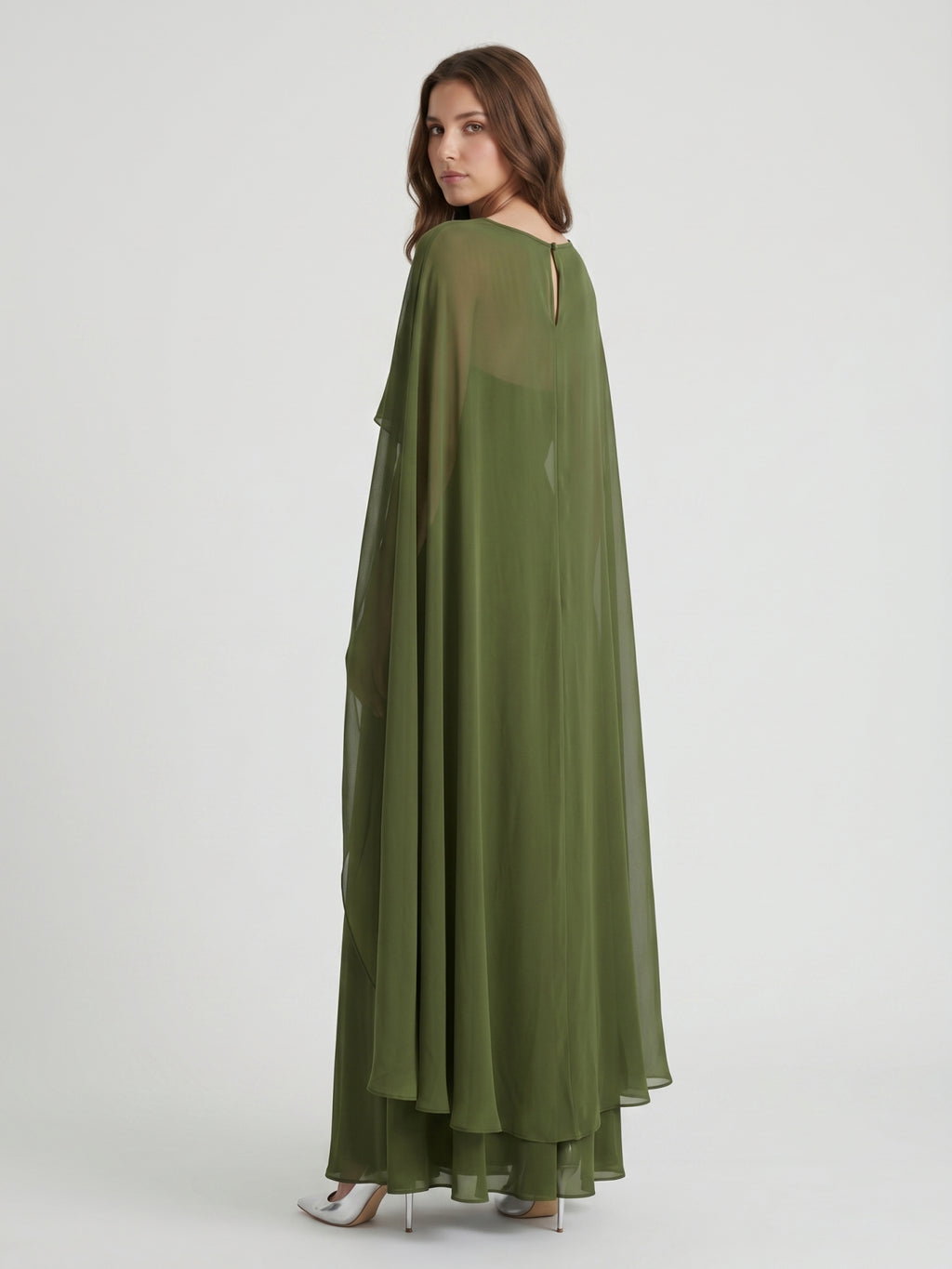 Olive Green Chiffon A-Line Straight Neck Illusion Back Floor-Length Bridesmaid Dress with Cape
