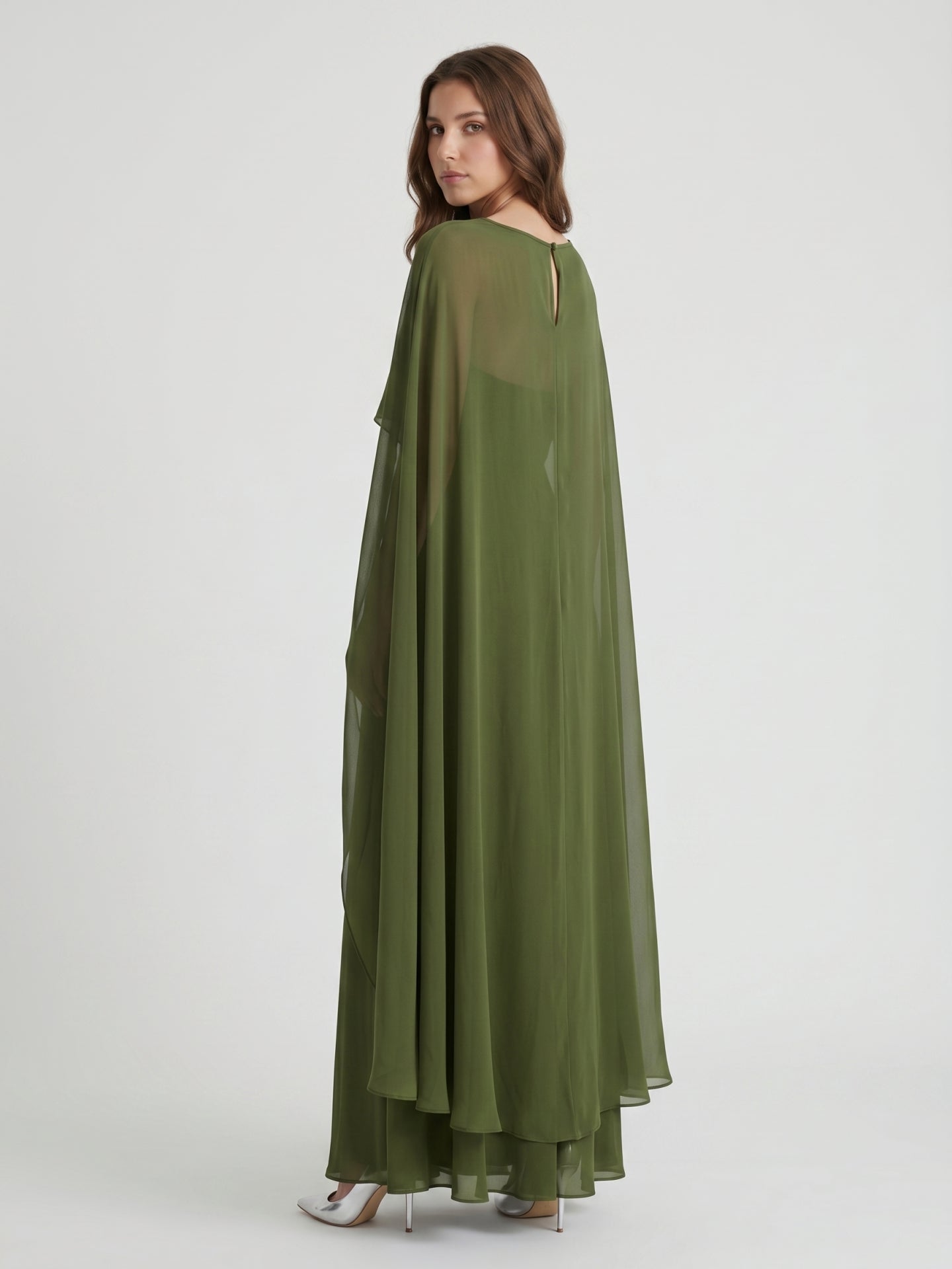 Olive Green Chiffon A-Line Straight Neck Illusion Back Floor-Length Bridesmaid Dress with Cape