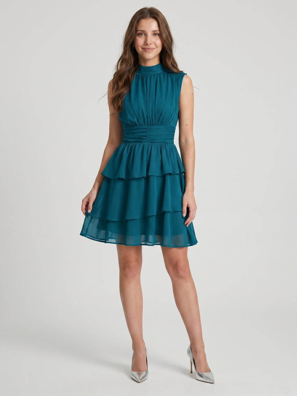 Teal Chiffon A-Line Scoop Neck Back Zip Knee-Length Cascading Ruffle Bridesmaid Dress