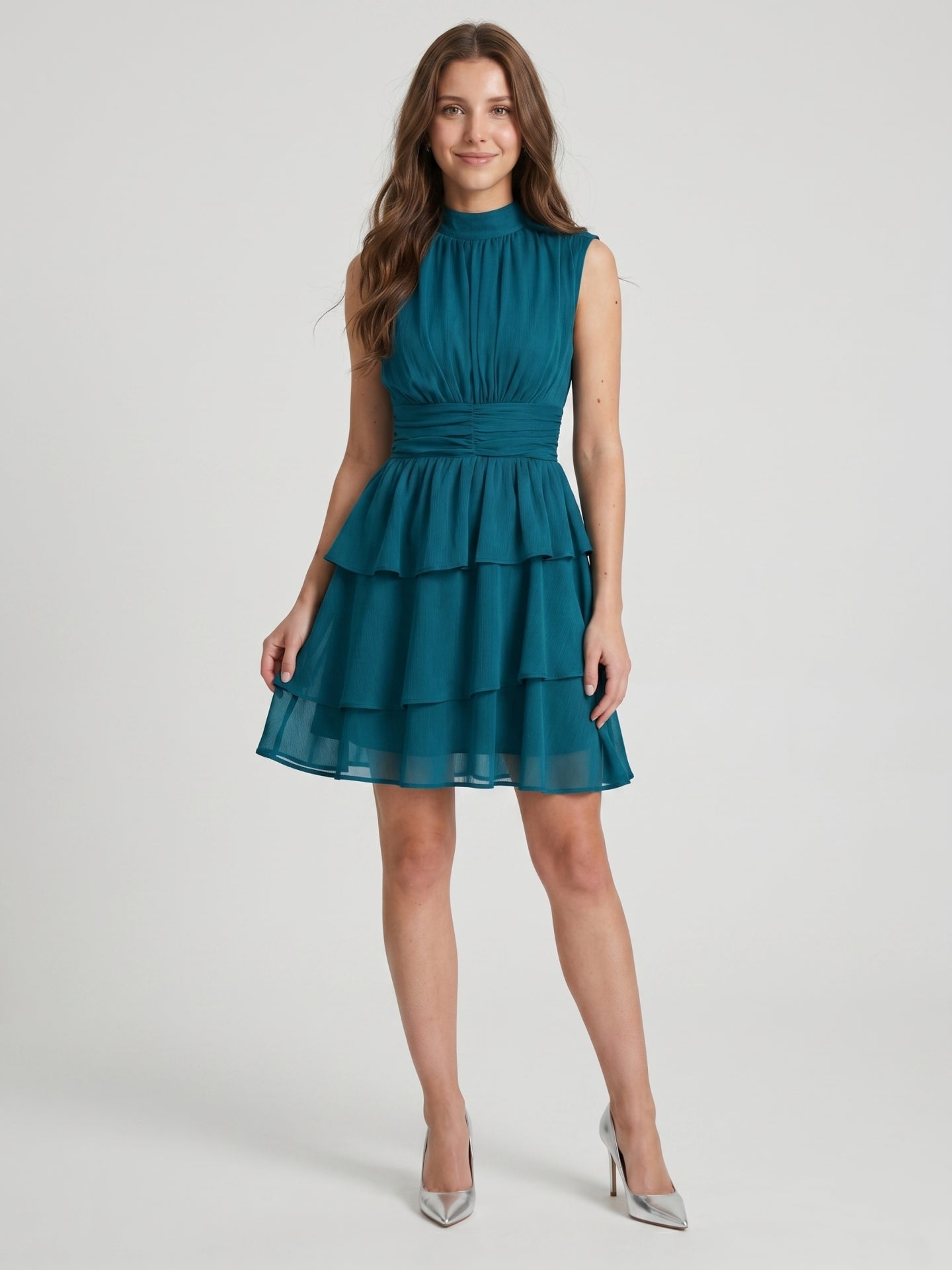 Teal Chiffon A-Line Scoop Neck Back Zip Knee-Length Cascading Ruffle Bridesmaid Dress