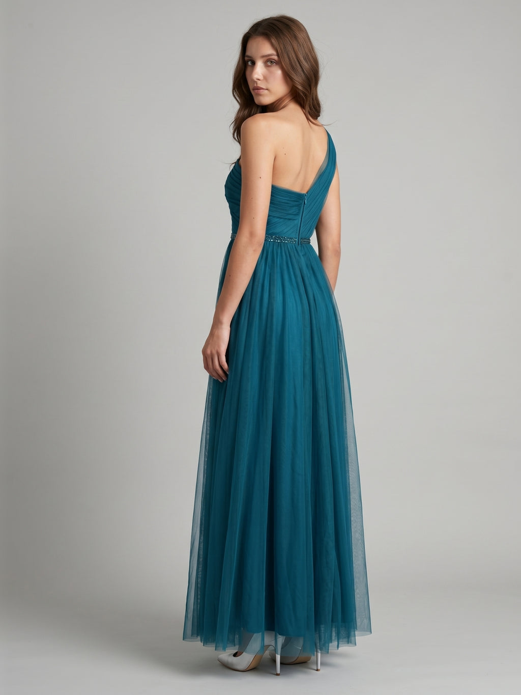Teal Tulle A-Line One Shoulder Back Zip Floor-Length Pleated Bridesmaid Dress