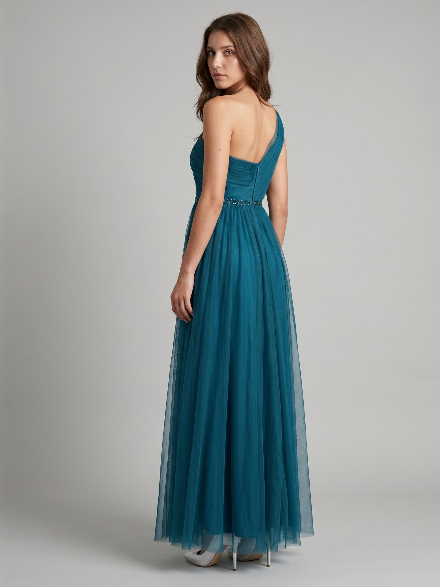 Teal Tulle A-Line One Shoulder Back Zip Floor-Length Pleated Bridesmaid Dress