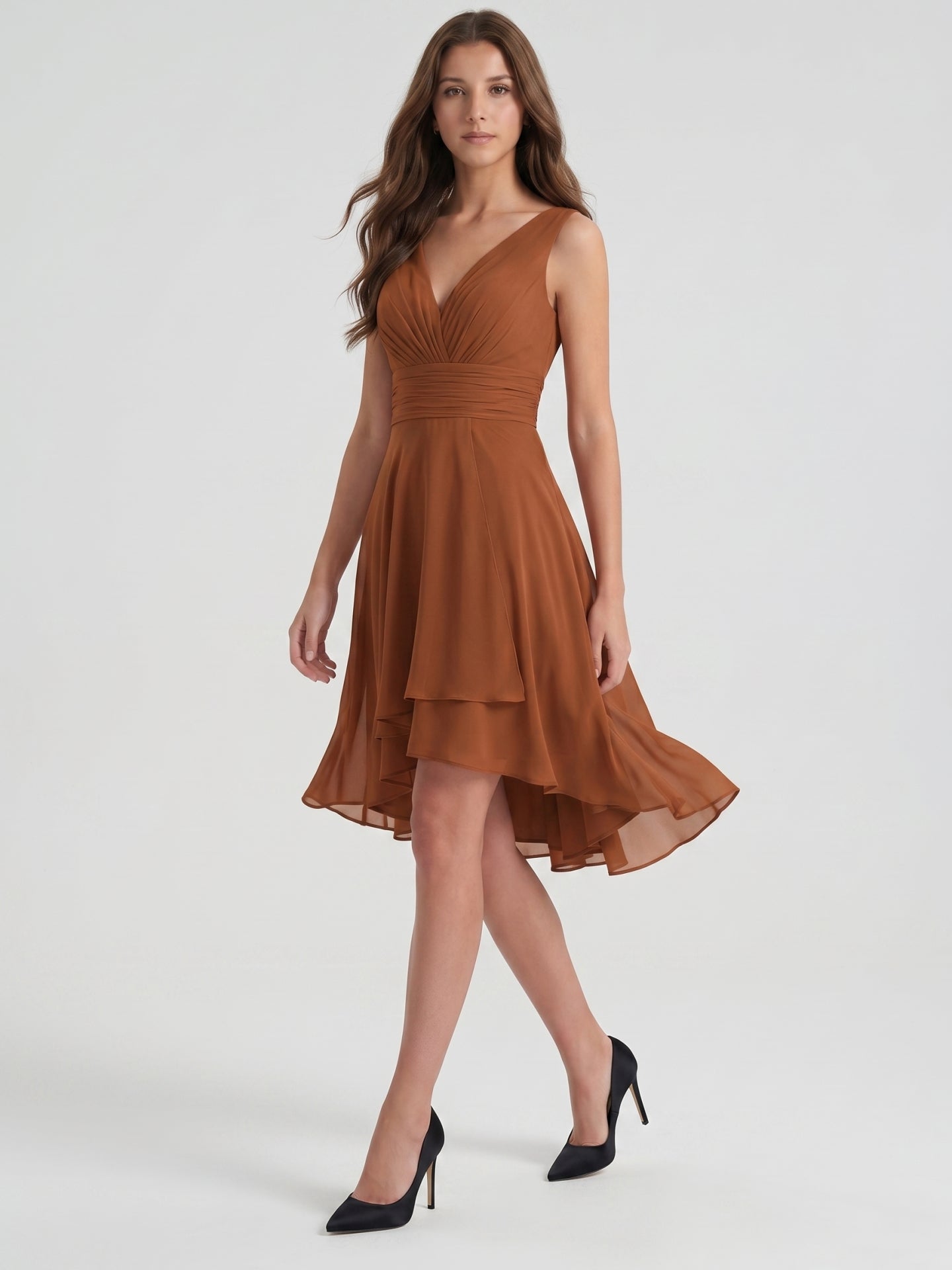Terracotta Chiffon A-Line V-Neck V-Back Knee-Length Pleated Bridesmaid Dress