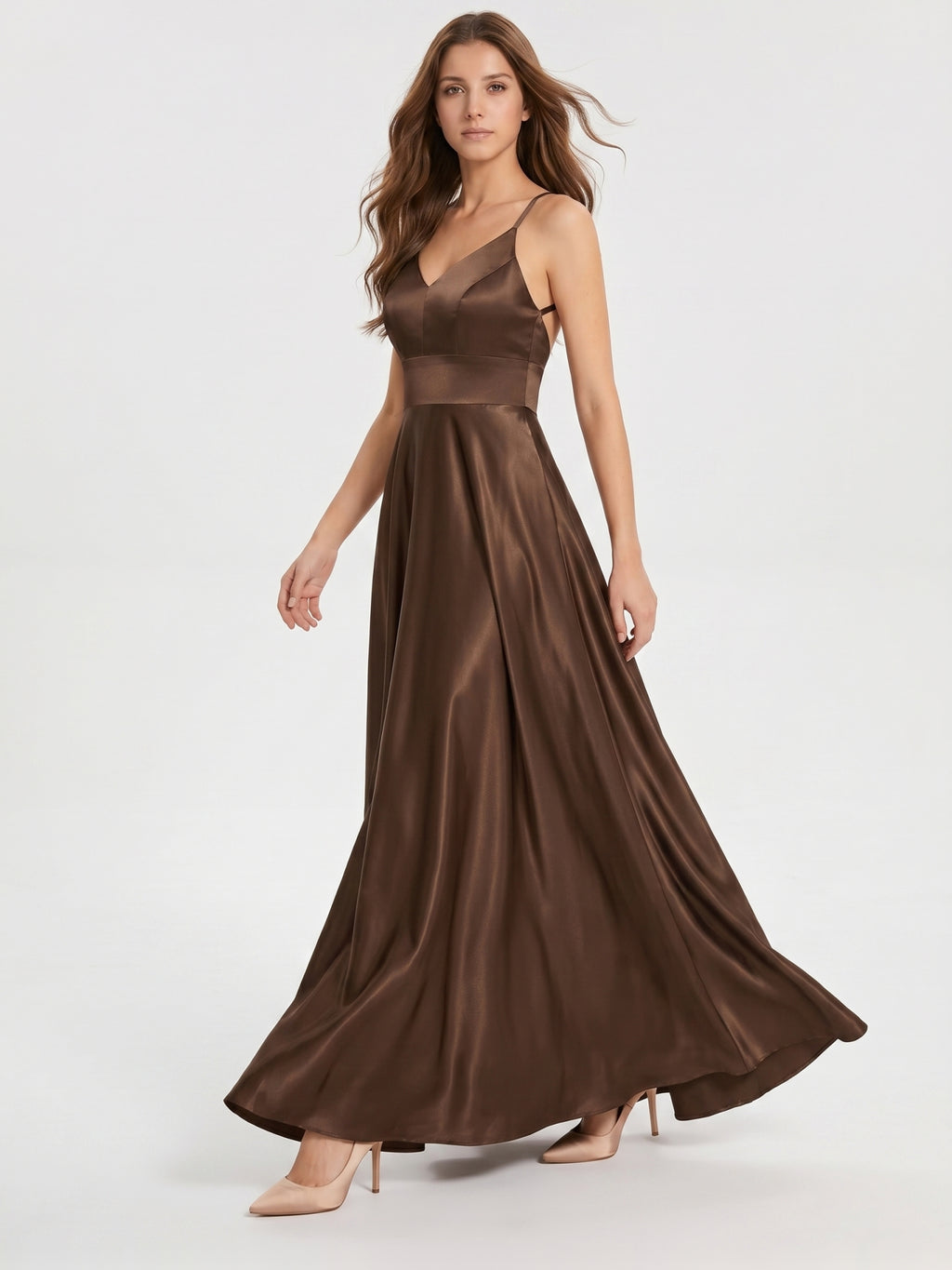 Mocha Satin A-Line V-Neck Criss-Cross Back Floor-Length Bridesmaid Dress