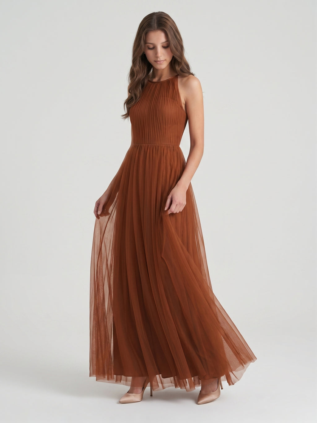 Terracotta Tulle A-Line Scoop Neck Back Zip Floor-Length Pleated Bridesmaid Dress