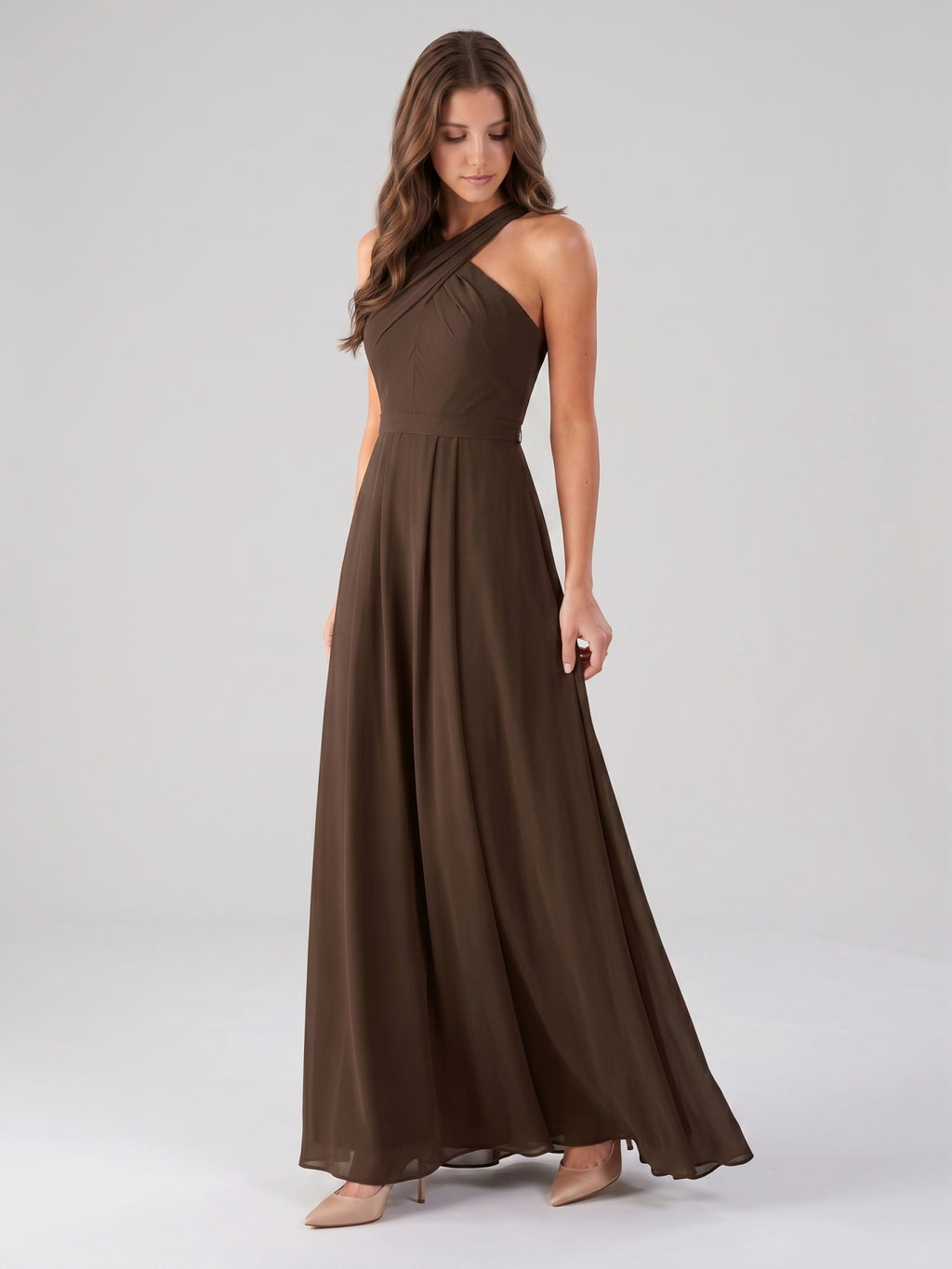 Mocha Chiffon A-Line Halter Backless Floor-Length Bridesmaid Dress with Pockets