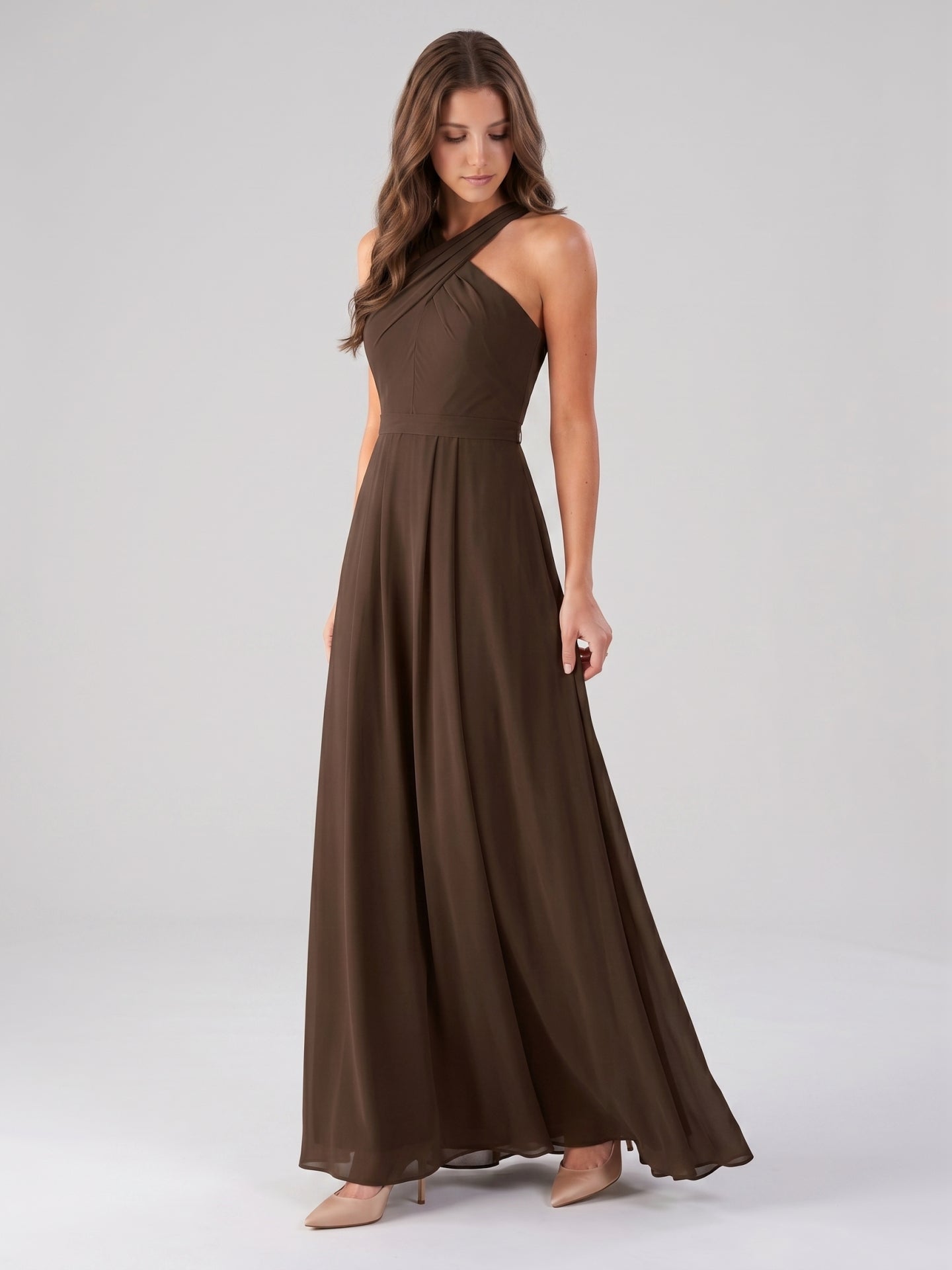Mocha Chiffon A-Line Halter Backless Floor-Length Bridesmaid Dress with Pockets