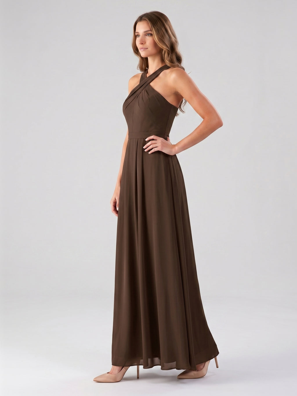 Mocha Chiffon A-Line Halter Backless Floor-Length Bridesmaid Dress with Pockets