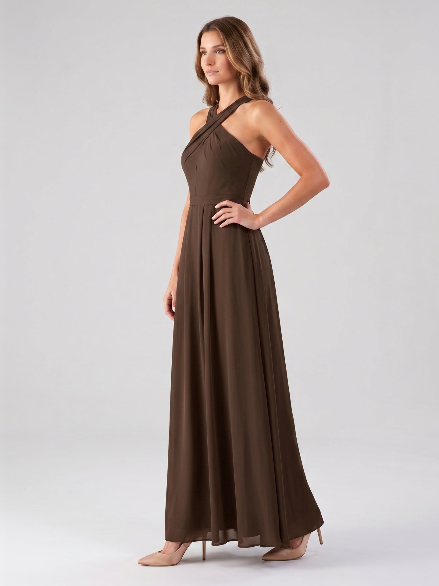 Mocha Chiffon A-Line Halter Backless Floor-Length Bridesmaid Dress with Pockets