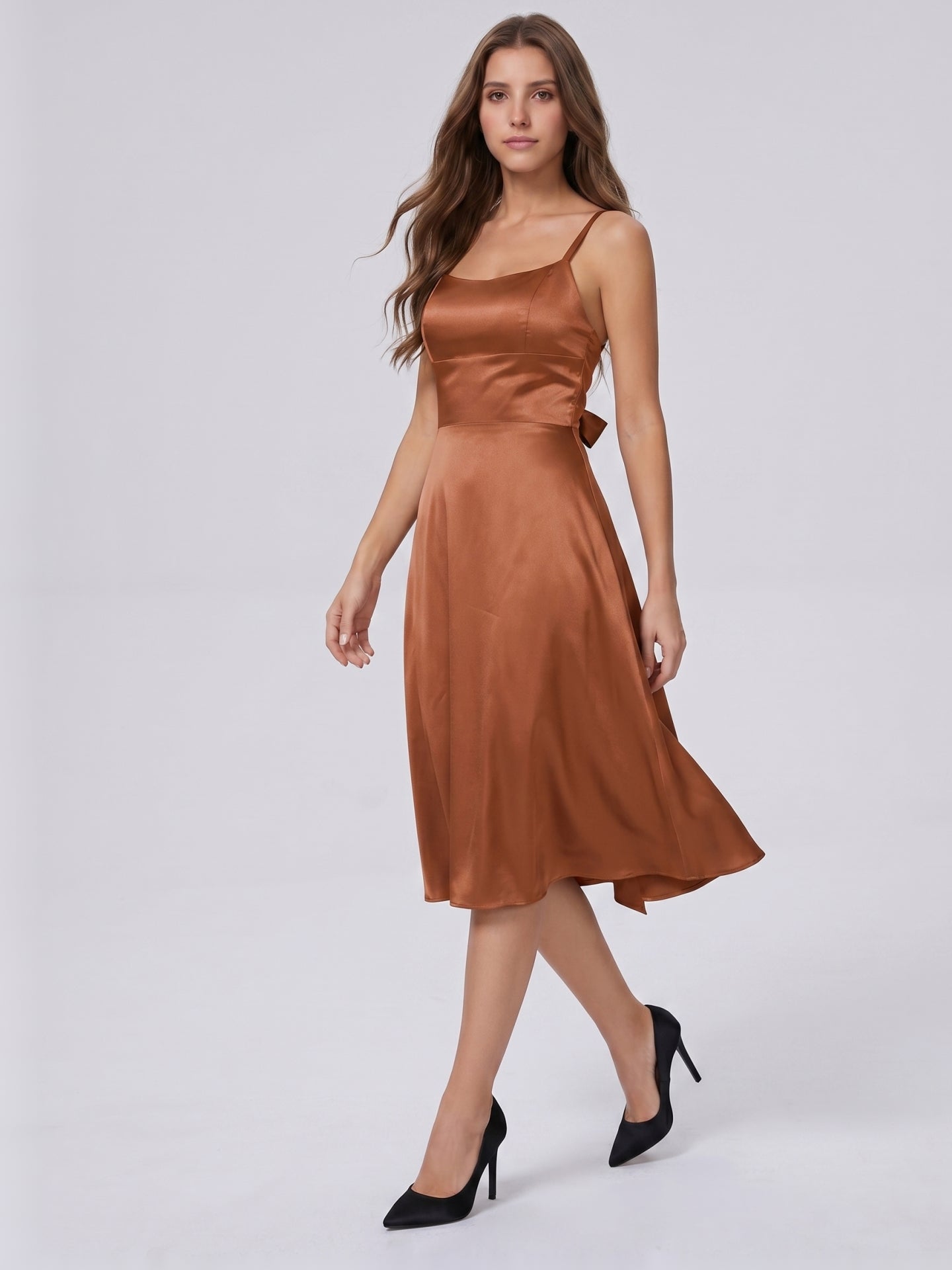 Terracotta Satin A-Line Scoop Neck Criss-Cross Back Knee-Length Bridesmaid Dress with Bow