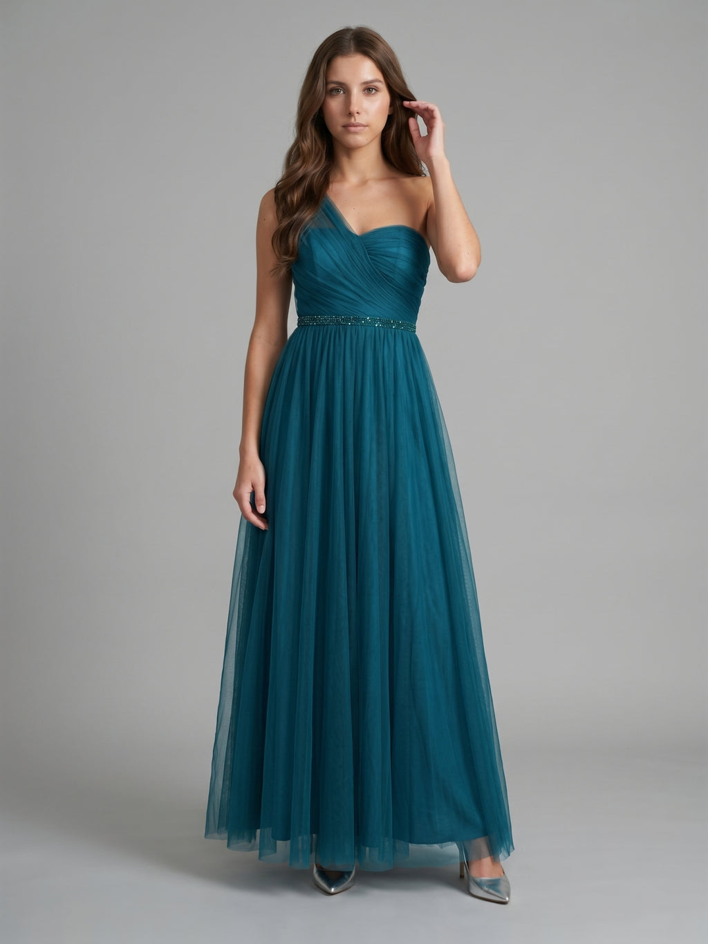 Teal Tulle A-Line One Shoulder Back Zip Floor-Length Pleated Bridesmaid Dress