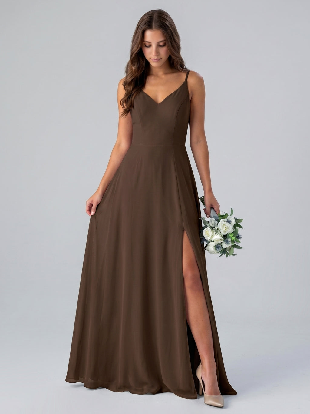 Mocha Chiffon A-Line V-Neck Lace-Up Back Floor-Length Bridesmaid Dress with Bow
