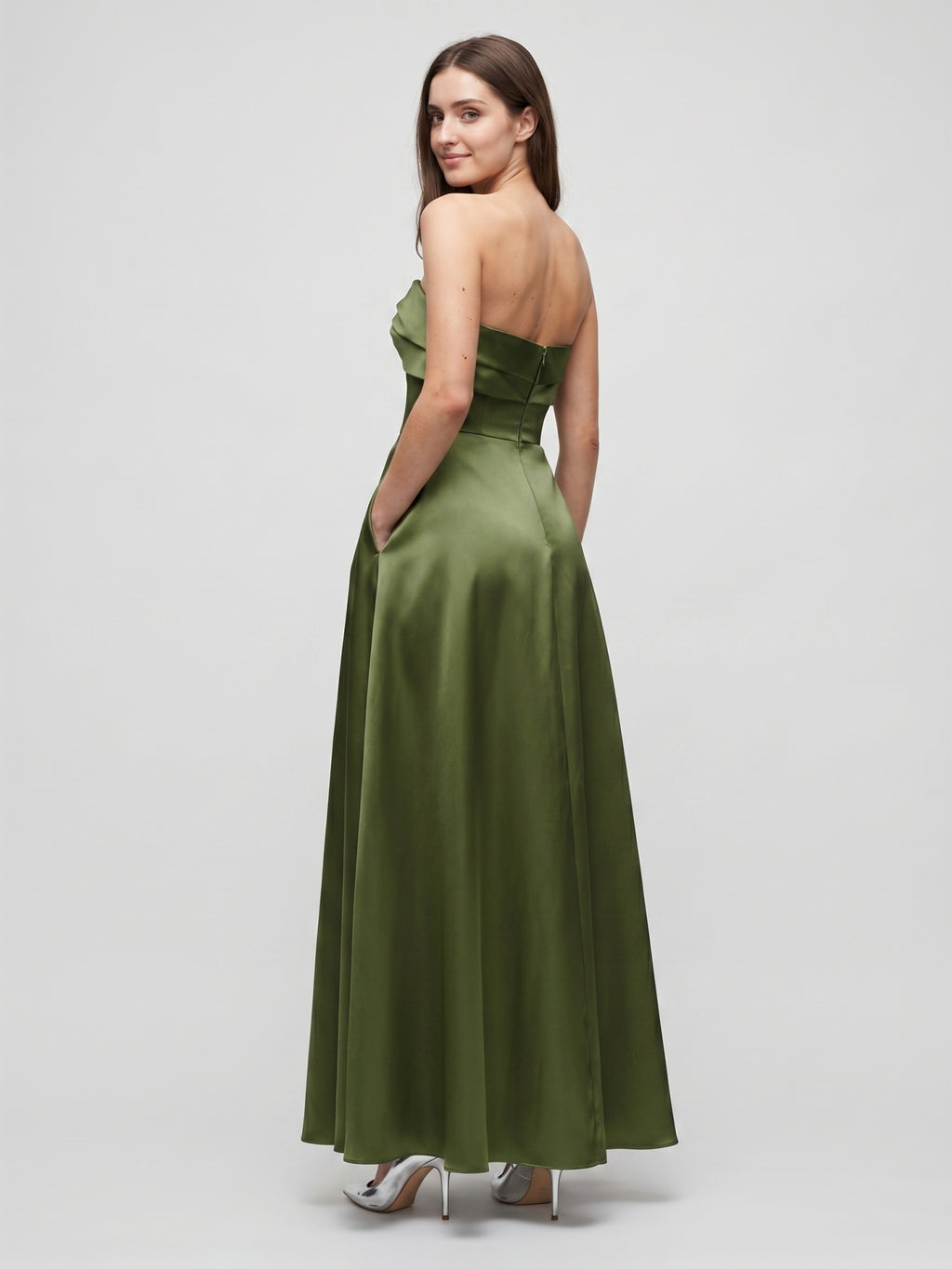 Olive Green Satin A-Line Off-the-Shoulder Back Zip Floor-Length Bridesmaid Dress with Pockets