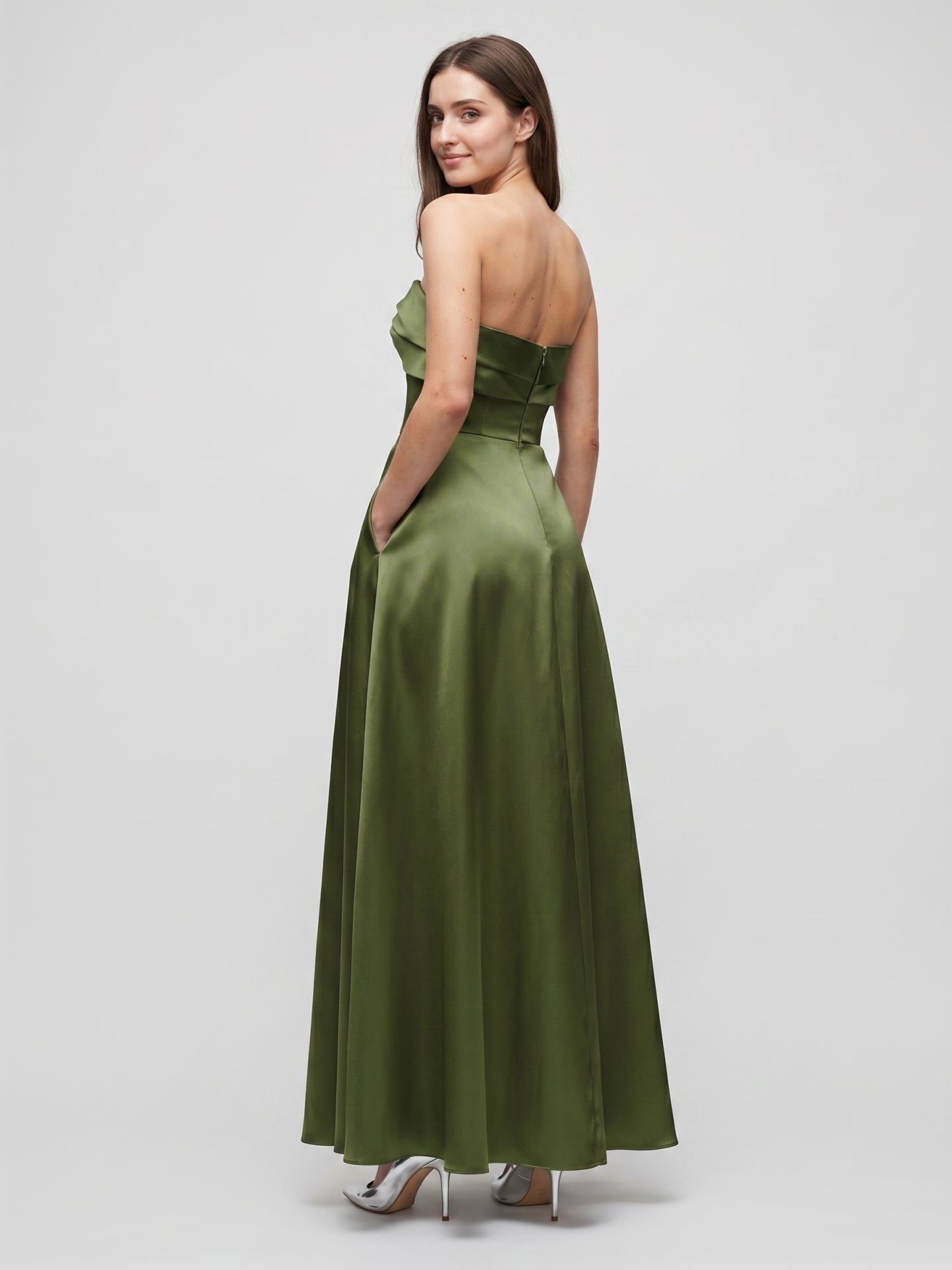 Olive Green Satin A-Line Off-the-Shoulder Back Zip Floor-Length Bridesmaid Dress with Pockets