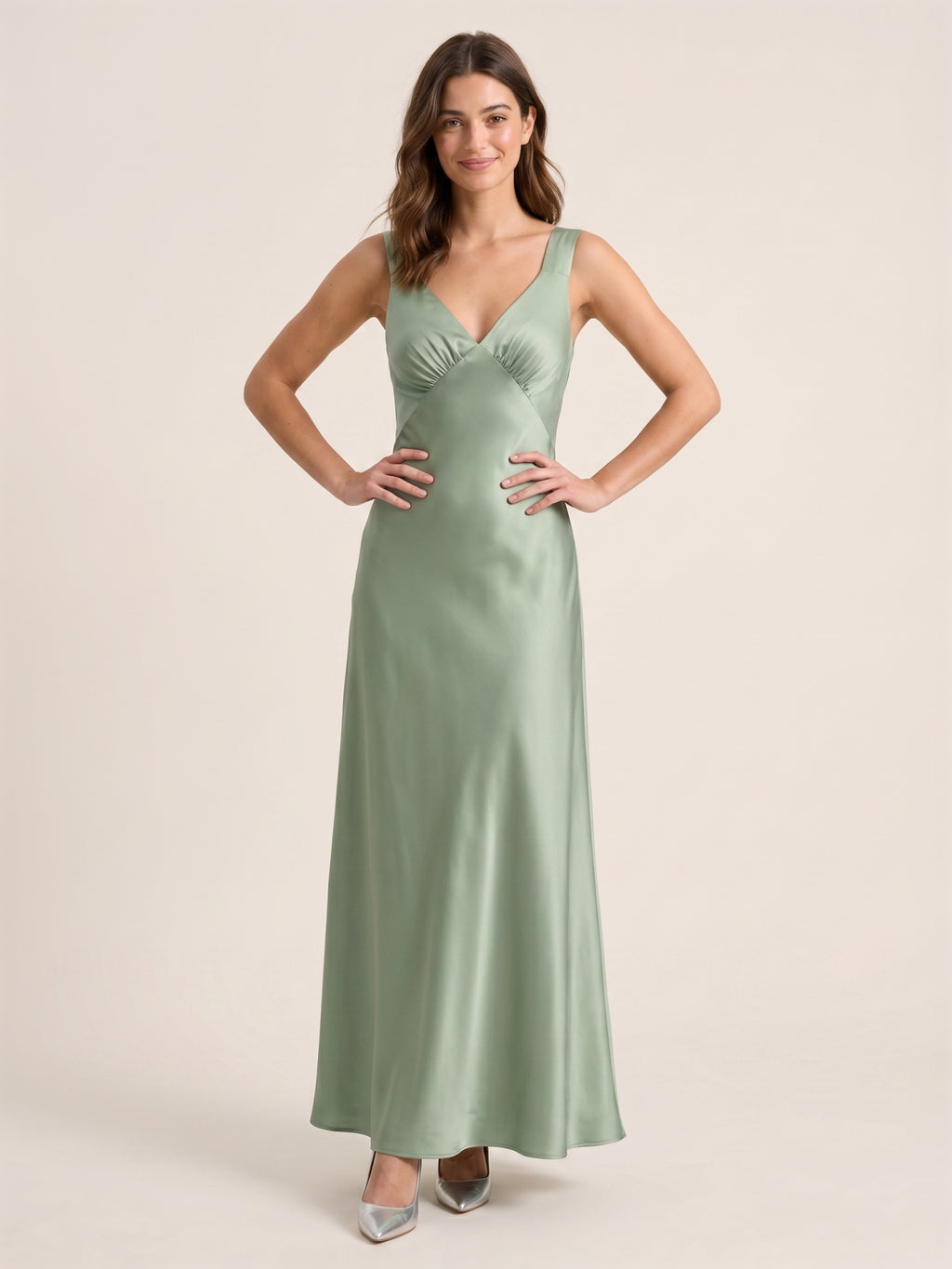 Refined Dusty Sage Satin column V-Neck Backless Ankle-Length  Bridesmaid Dress