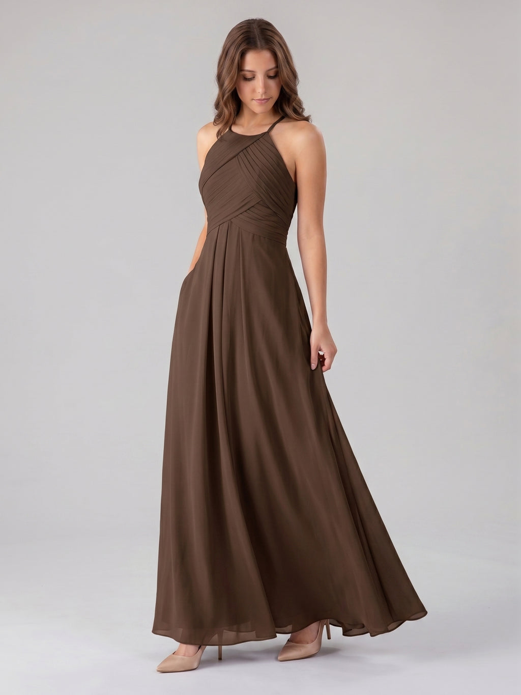 Mocha Chiffon A-Line Halter Keyhole Back Floor-Length Pleated Bridesmaid Dress