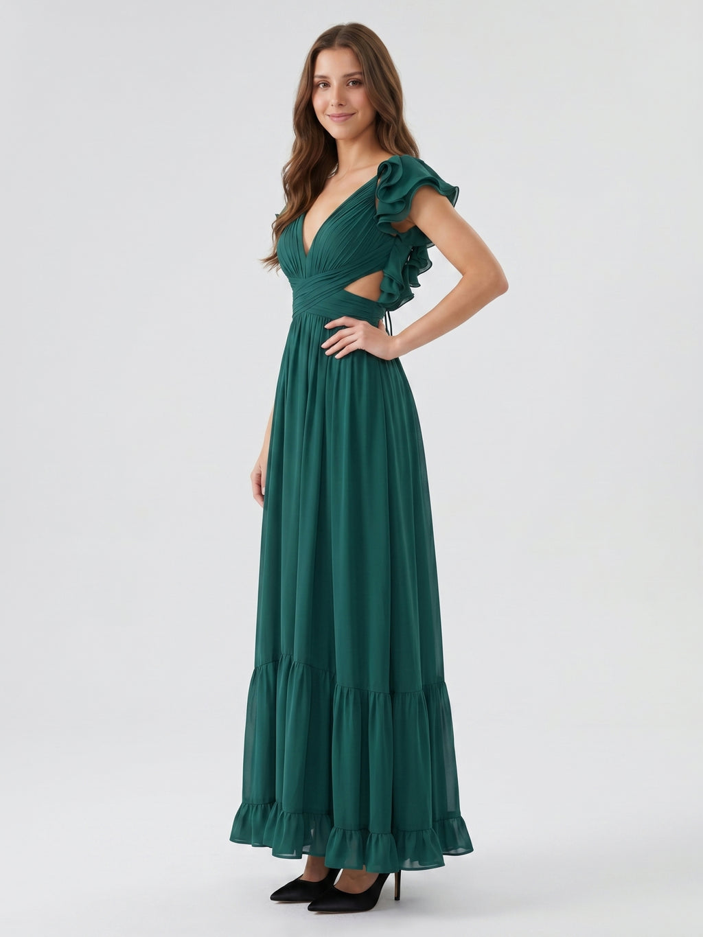 Peacock Chiffon A-Line V-Neck Criss-Cross Back Floor-Length Ruffle Bridesmaid Dress