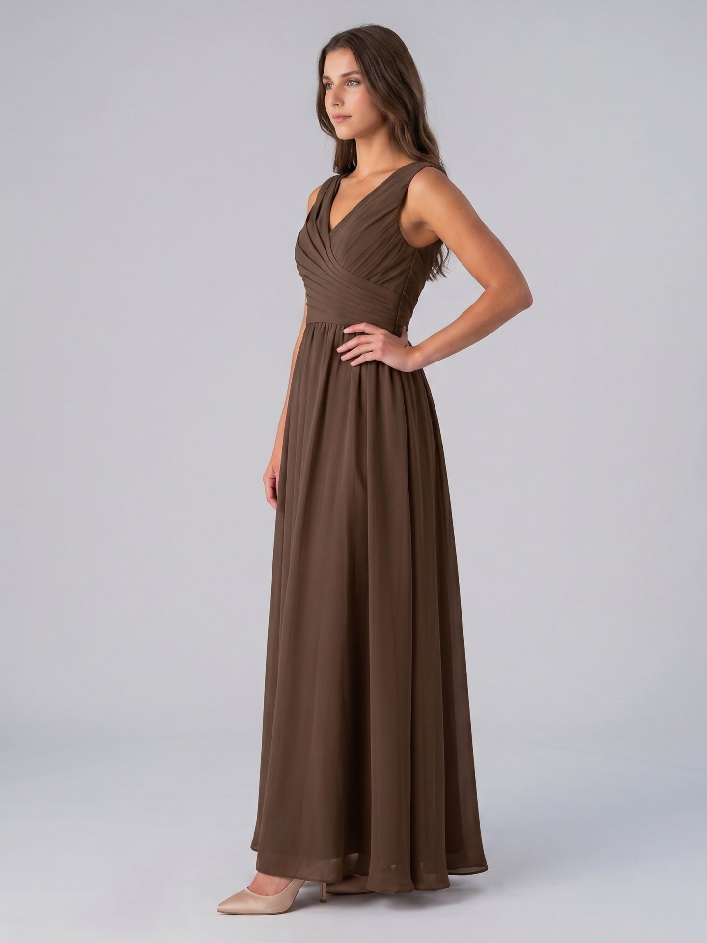 Mocha Chiffon A-Line V-Neck Back Zip Floor-Length Pleated Bridesmaid Dress