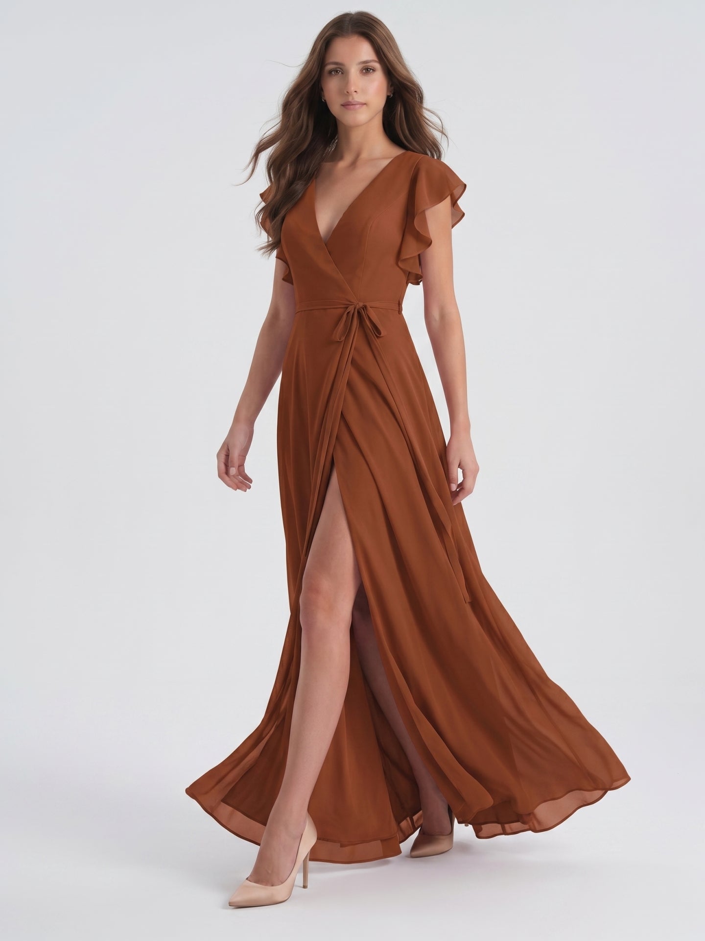 Terracotta Chiffon Sheath V-Neck Back Zip Floor-Length Ruffle Bridesmaid Dress