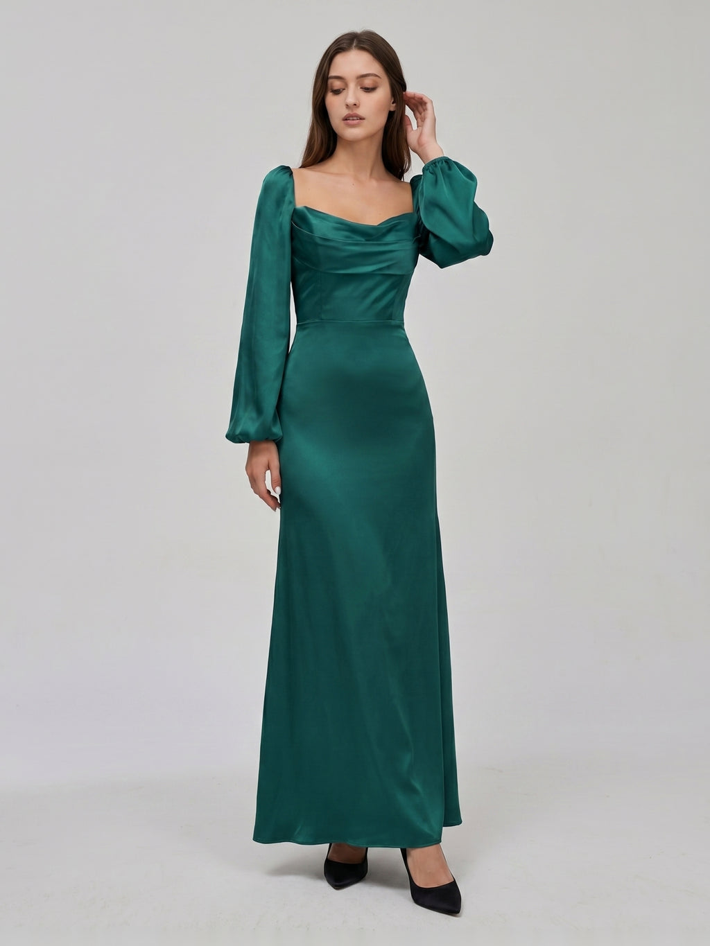Peacock Satin Sheath Cowl Neck Back Zip Floor-Length Bridesmaid Dress